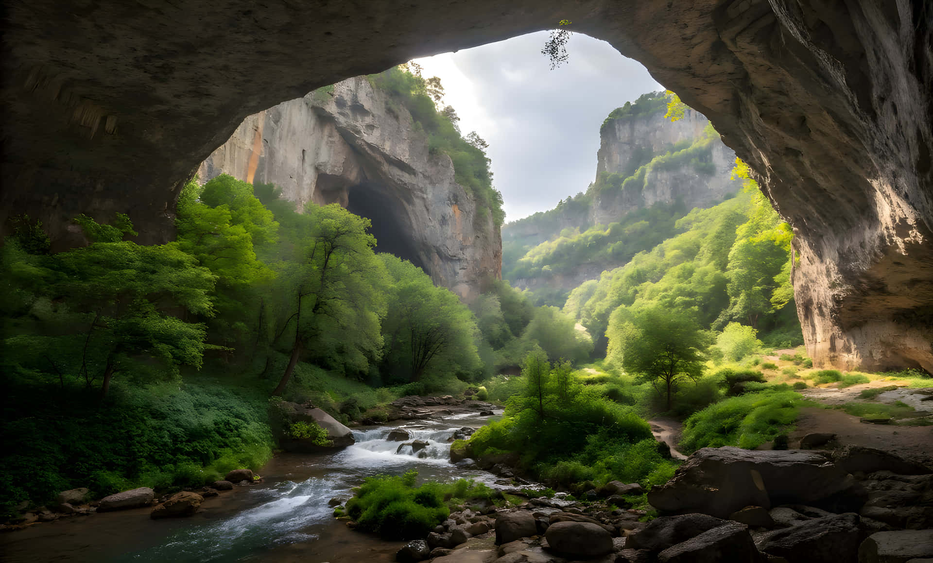 Magnificent view of the devetaki cave 壁紙 — 一條寧靜的河流流經鬱鬱蔥蔥的綠色山谷，上方有巨大的天然石拱門框住。