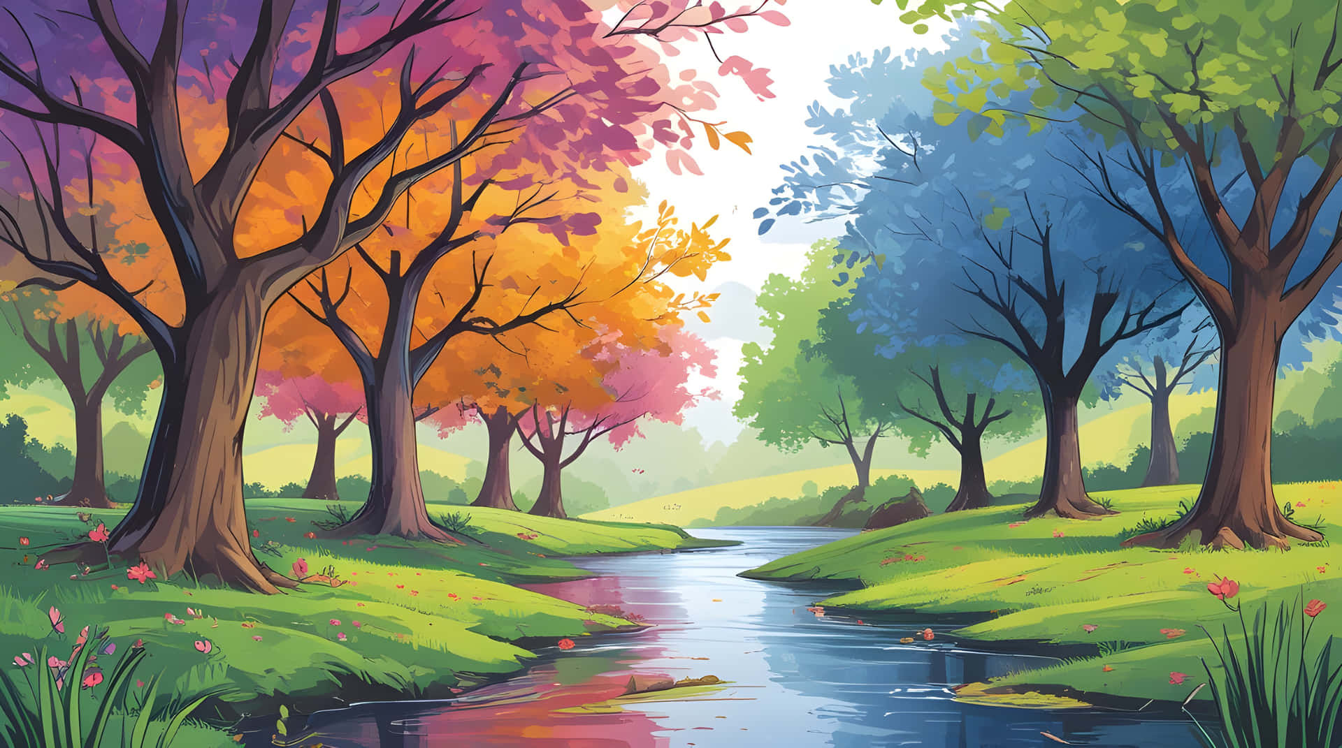 Nature with beautiful lake art wallpaper 壁紙 — 一條寧靜的河流蜿蜒穿過充滿活力的森林，樹木在柔和天空下展現出火橙色、粉紅色和茂盛的綠色樹葉。