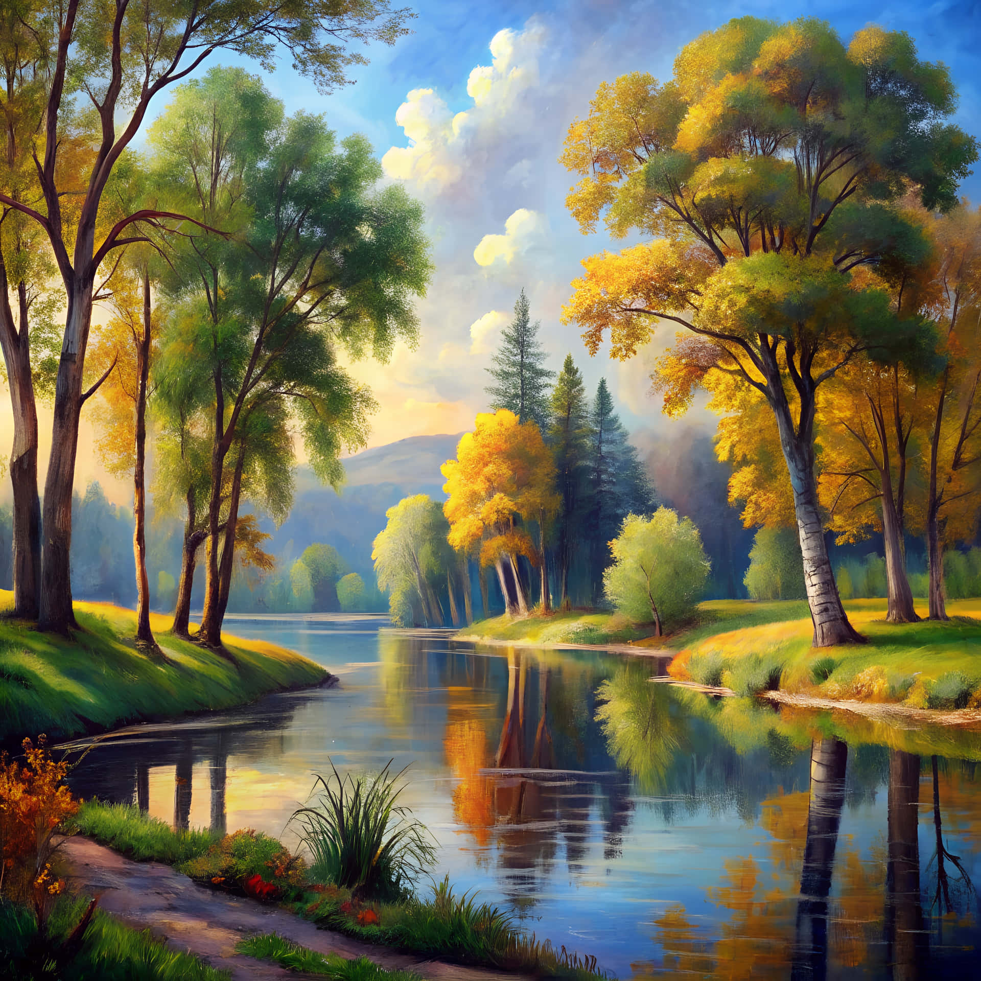 Tree and lake in landscape 壁紙 — 一條寧靜的河流蜿蜒穿過森林，樹木在明亮的藍天和蓬鬆的雲朵下展現出鮮豔的秋色。