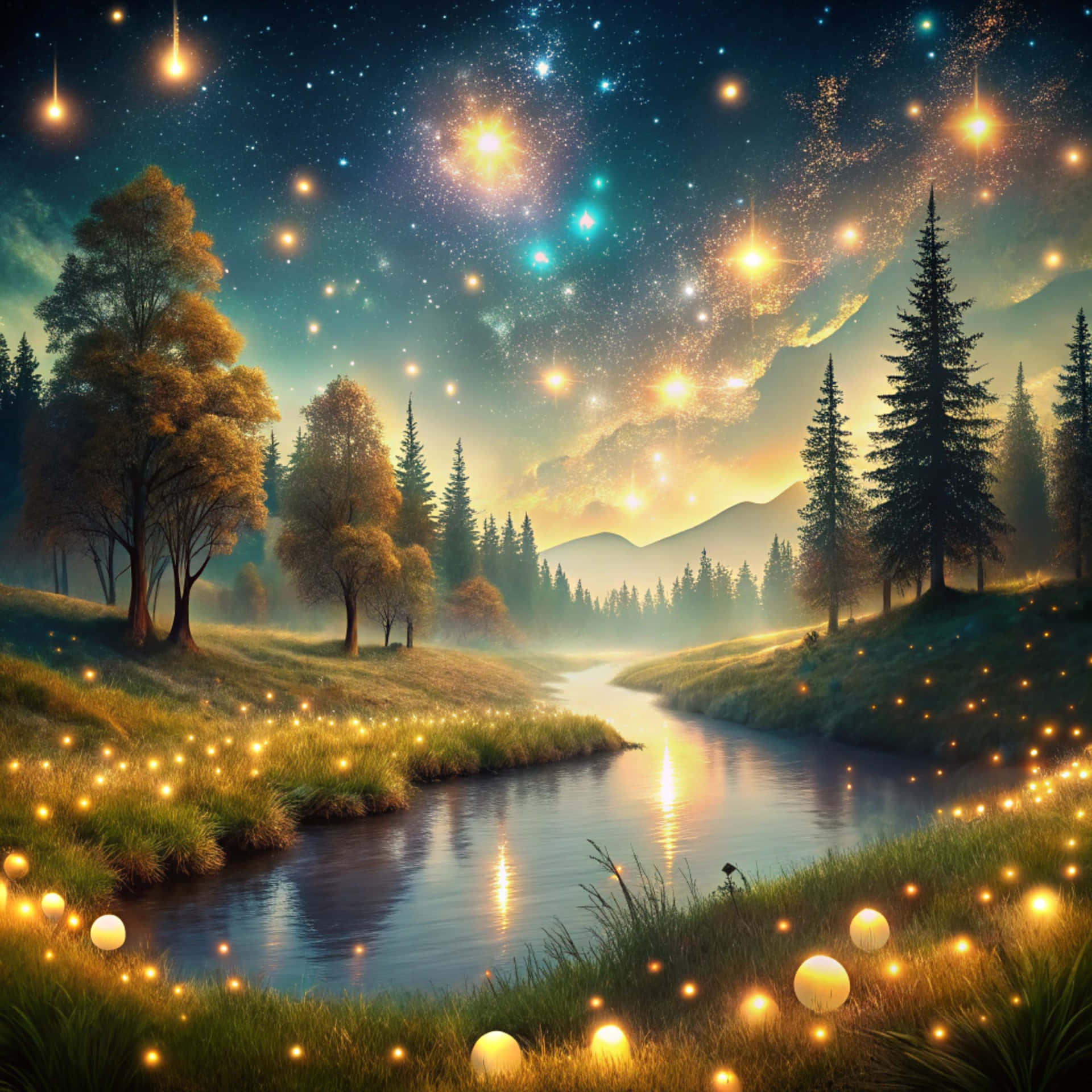 Night landscape 壁紙 — 一條寧靜的河流蜿蜒穿過森林覆蓋的山谷，在充滿活力的星空下，閃爍著金色和藍綠色的天體光芒。