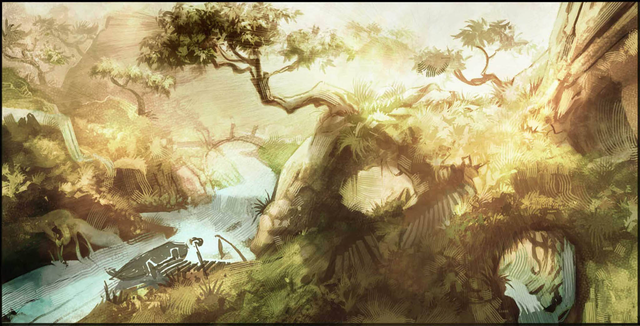 Lich 桌布 壁紙 — 一條寧靜的河流蜿蜒穿過茂密的叢林，有古老的石頭遺跡和一座沐浴在金色陽光下的木橋。