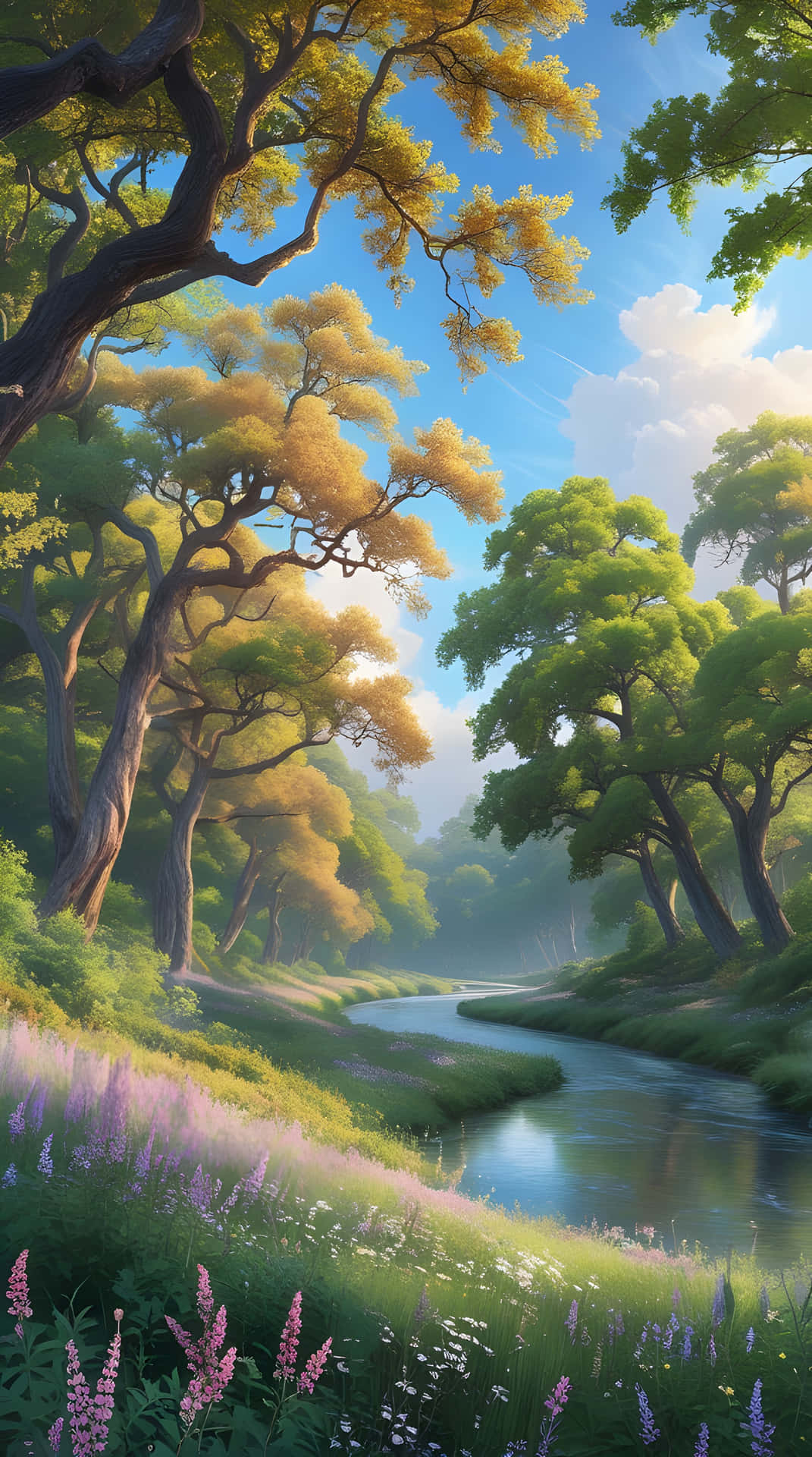Natural beauty forest and river 壁紙 — 一條寧靜的河流蜿蜒穿過陽光明媚的森林，兩旁有金色和綠色的樹木，紫色的野花在河岸盛開。