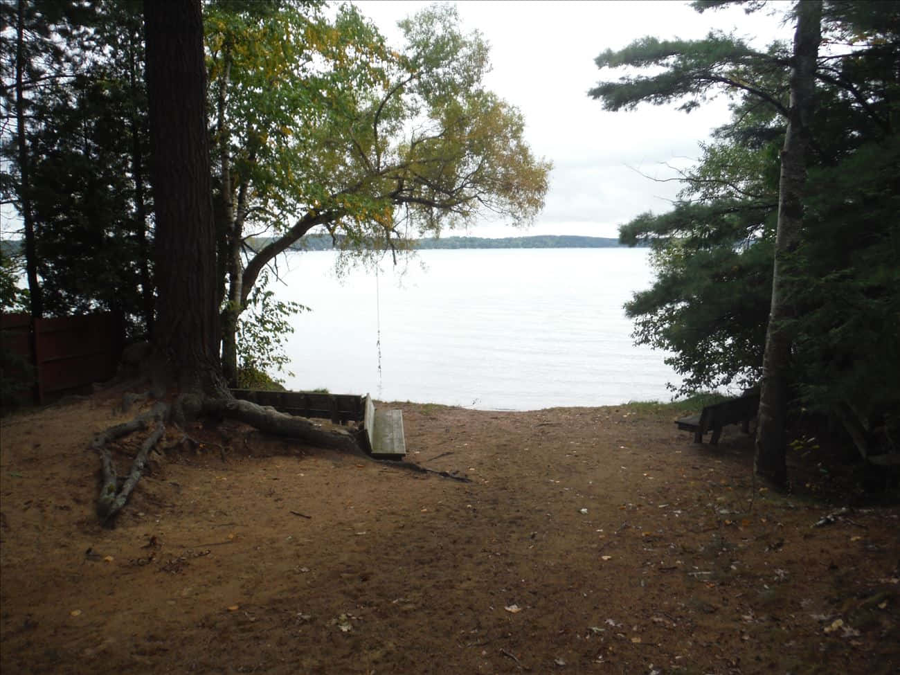 Torch Lake 桌布 壁紙 — 一條寧靜的湖邊小徑，兩旁樹木成蔭，設有鞦韆和長椅，可俯瞰陰天下的平靜湖水。