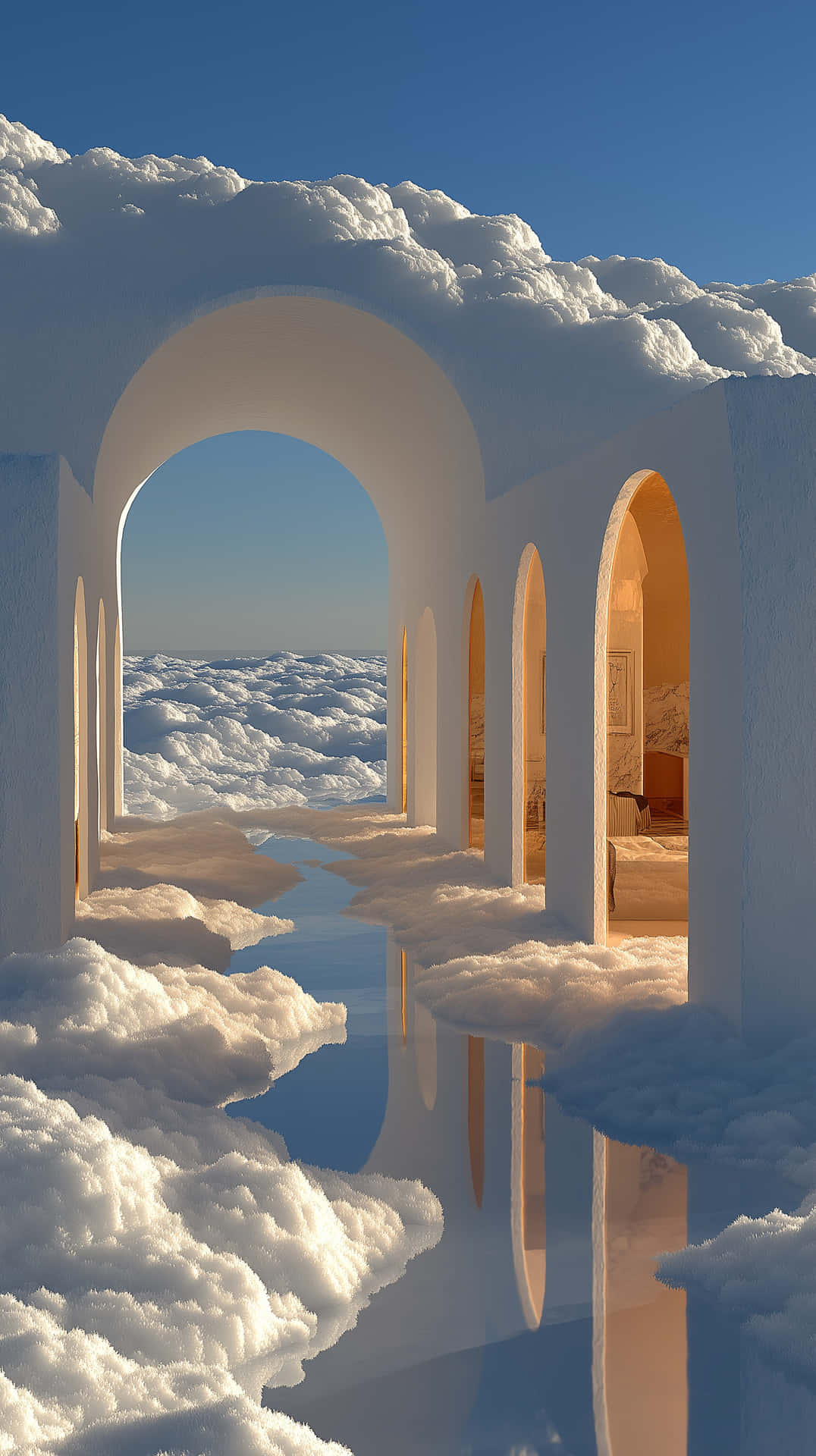 Sky Arches 壁紙 — 一條寧靜的白色石拱門走廊漂浮在蓬鬆的雲層之上，下方有一個平靜的倒影池，在清澈的藍天下。