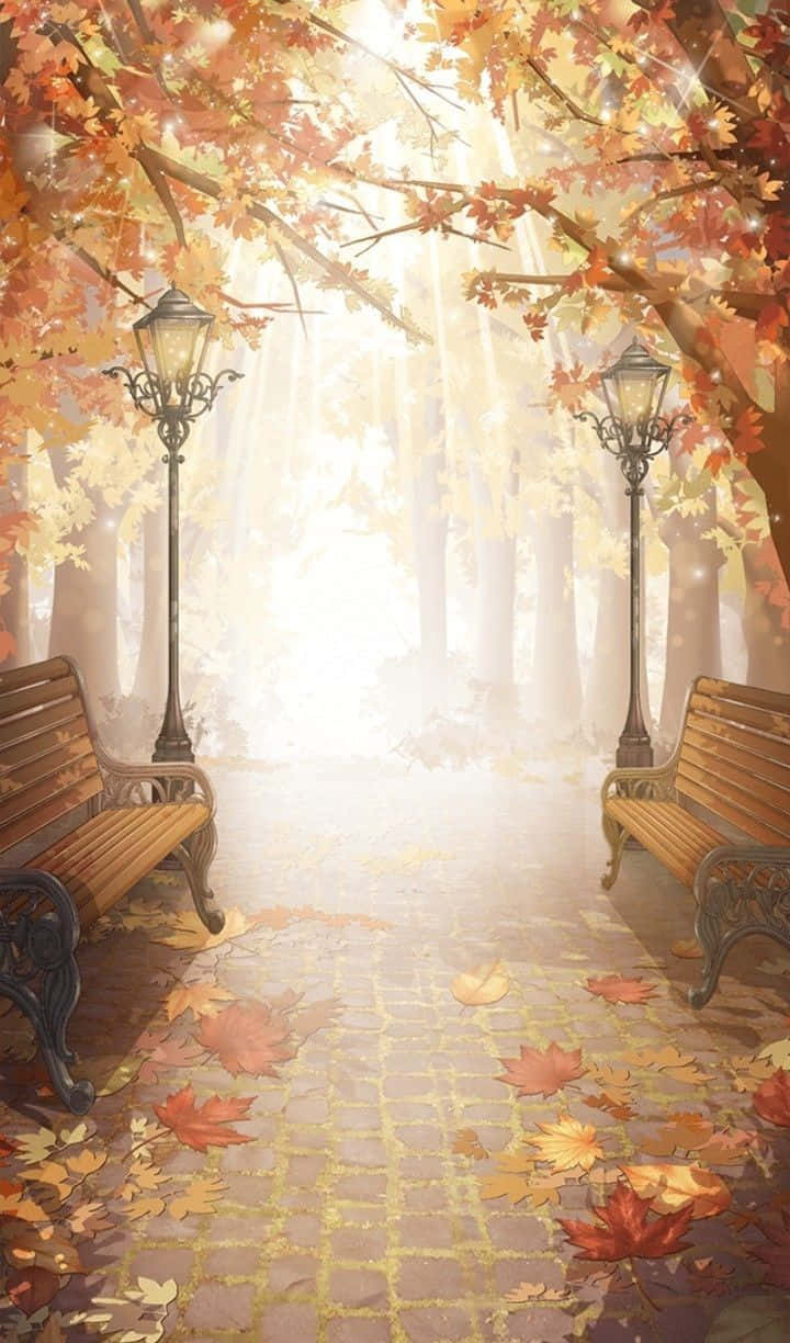 Pretty Fall 桌布 壁紙 — 一條寧靜的秋季森林小徑，兩旁擺放長椅和復古燈飾，金黃色的樹葉散落在柔和陽光穿透樹冠灑下的光影中。