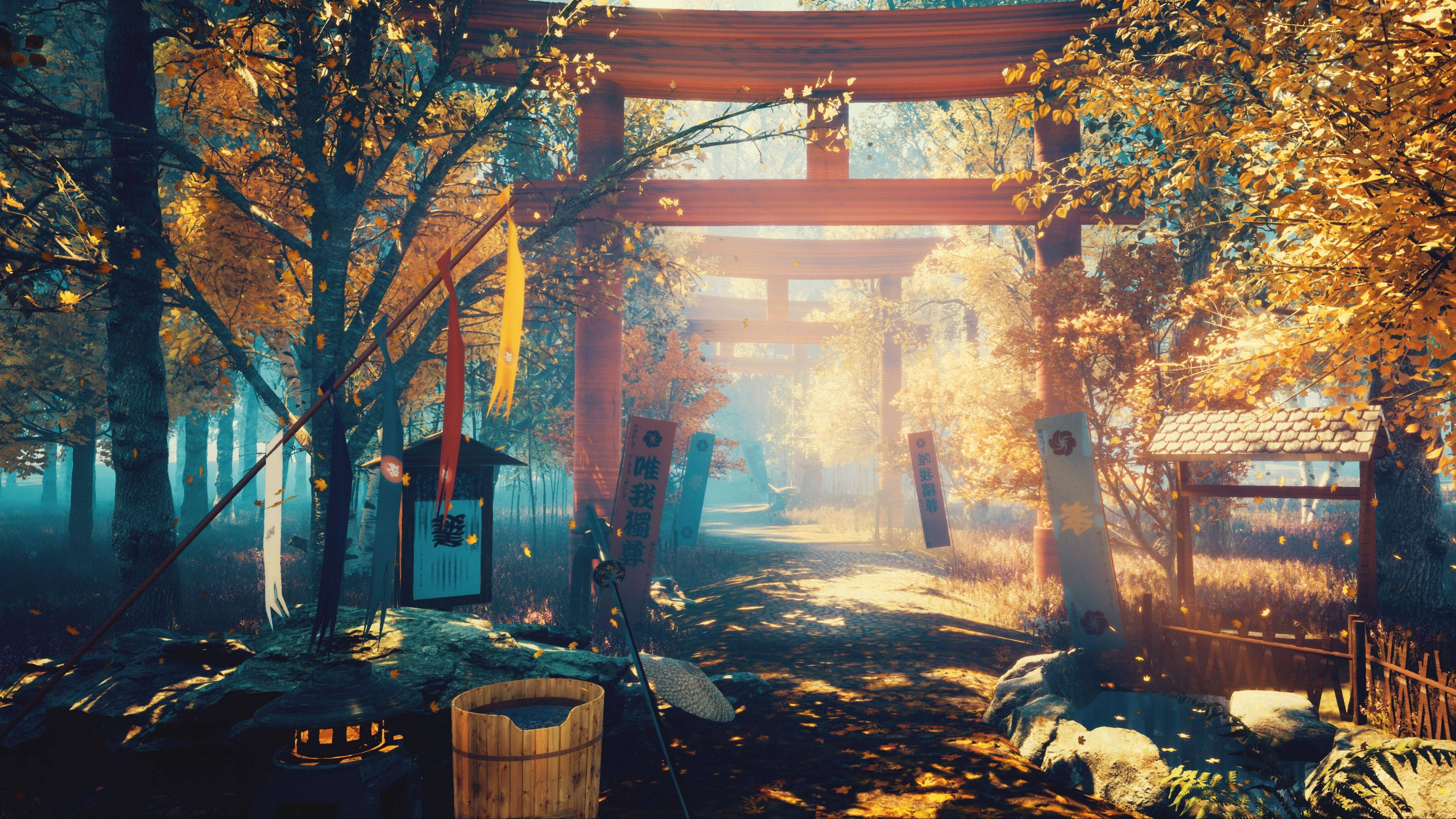 美學藝術 桌布 壁紙 — 一條寧靜的秋日日本神社小徑，以鳥居為框，金黃的樹葉在柔和的晨光中飄落。