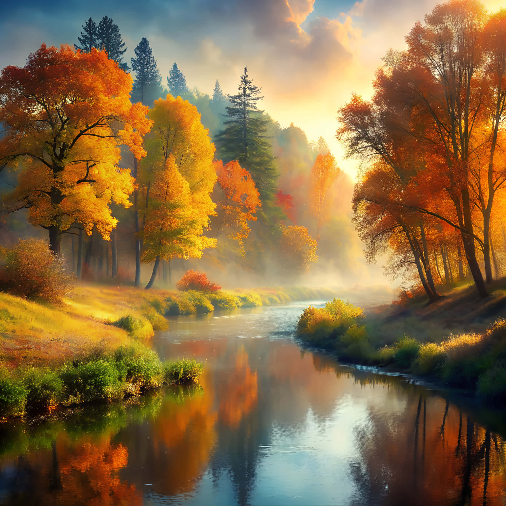 Lake and trees 壁紙 — 一條寧靜的秋日河流蜿蜒穿過霧氣瀰漫的森林，火紅的橙色和金色樹木倒映在平靜的水面上，天空柔和發光。