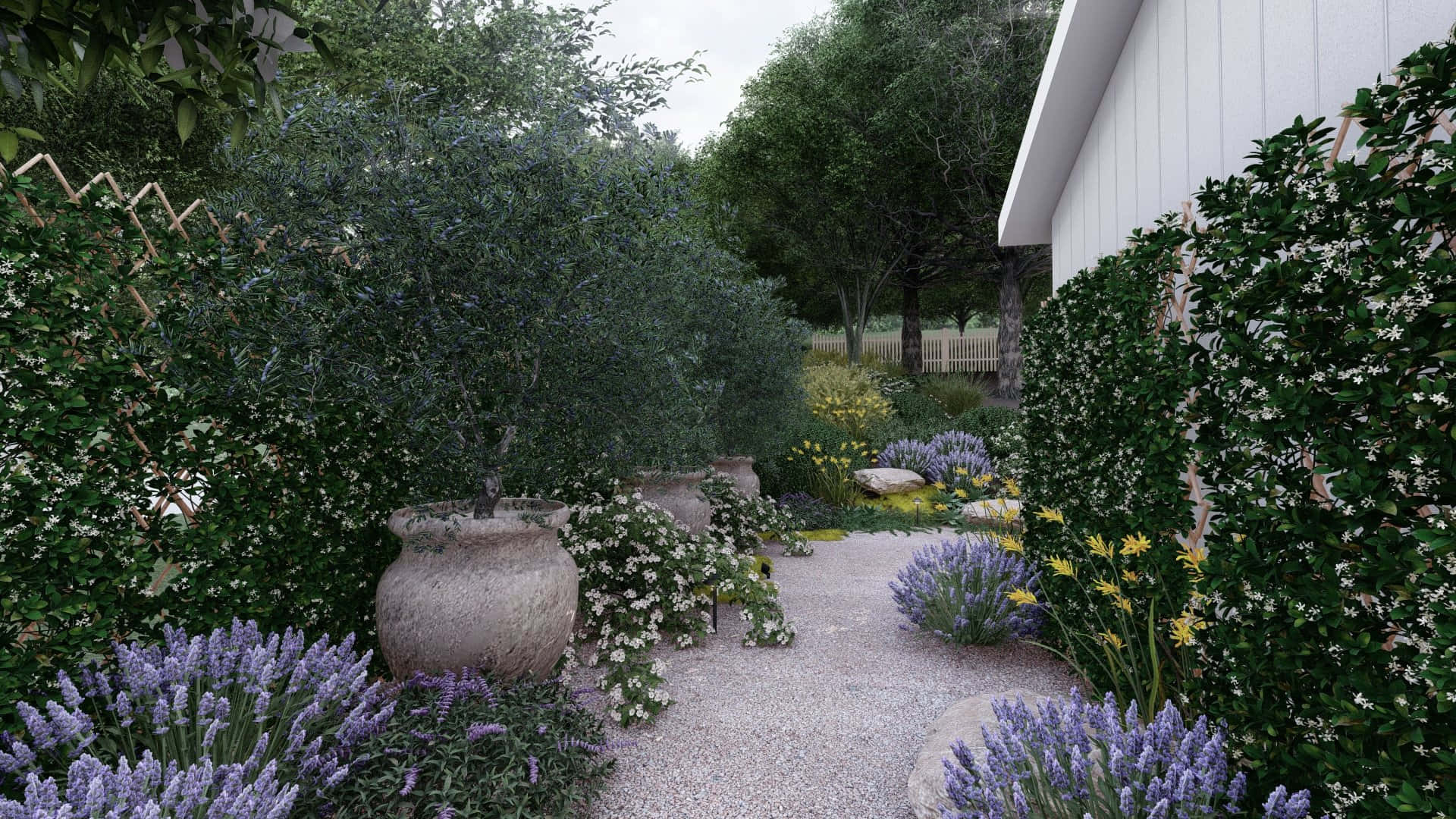 Cottage Garden 桌布 壁紙 — 一條寧靜的花園小徑，兩旁種滿薰衣草和白色花朵，蜿蜒經過石甕和茂密的綠植，旁邊是一座白色房子。