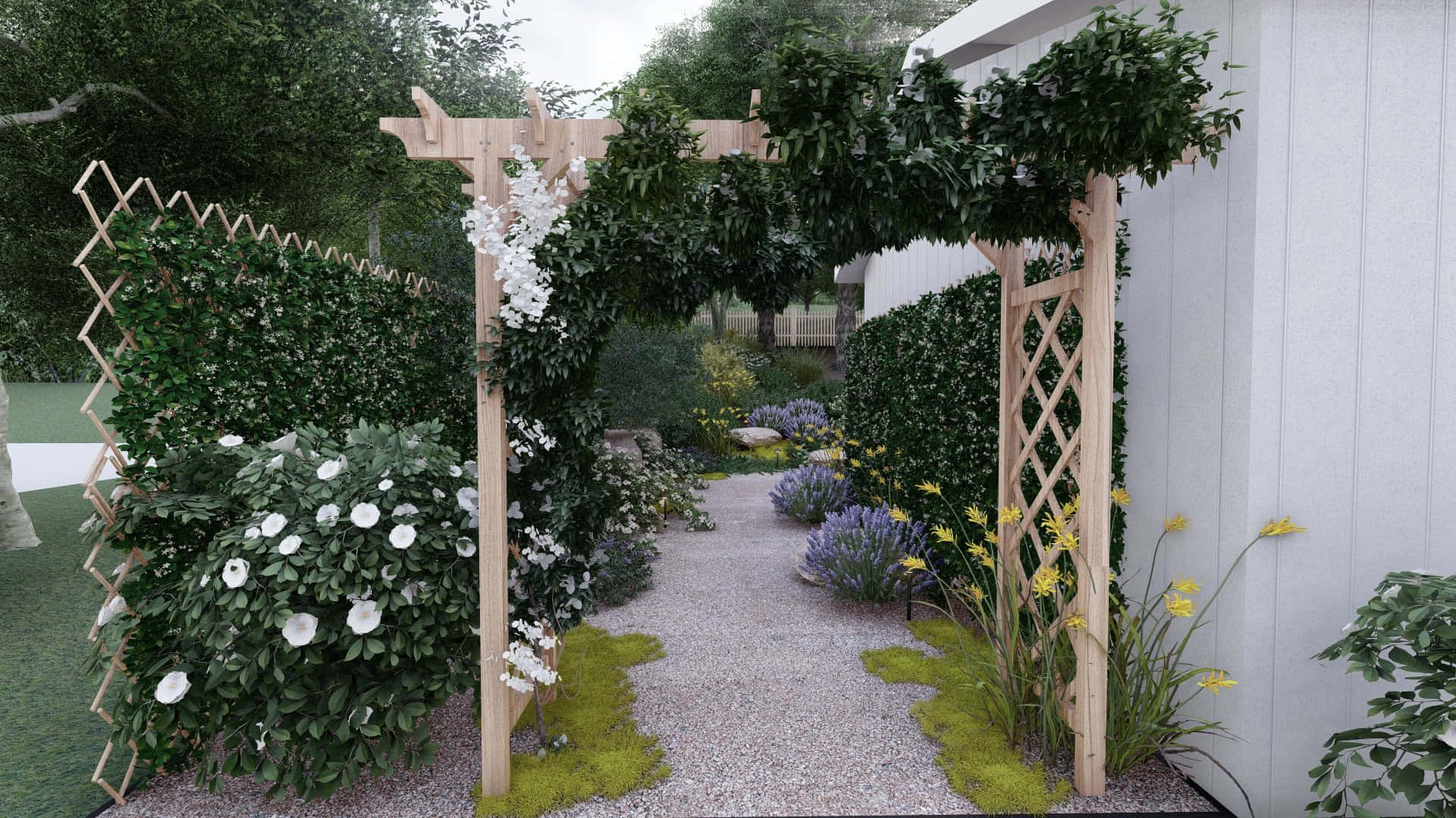 Cottage Garden 桌布 壁紙 — 一條寧靜的花園小徑，由一個覆蓋著綠色藤蔓和白色花朵的木製拱門框著，通往一間白色房子。