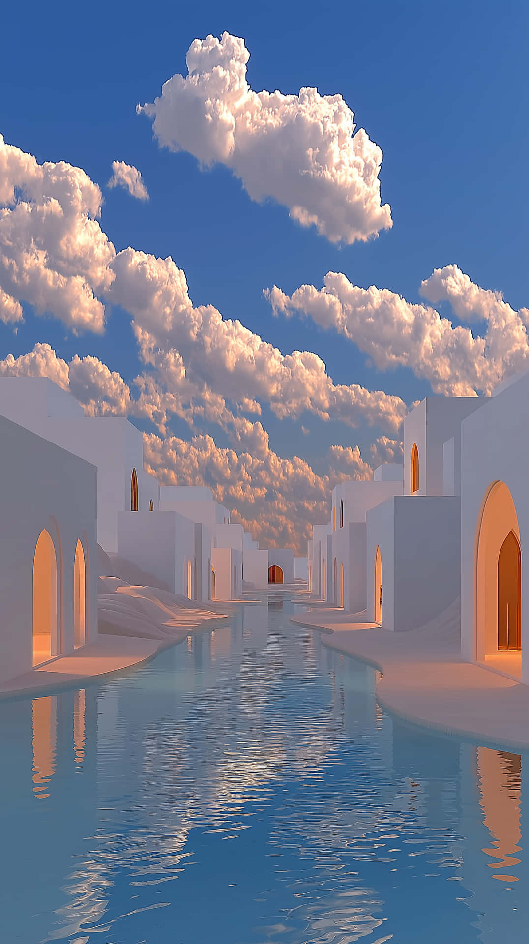 Sky Arches 壁紙 — 一條寧靜的運河，兩旁是帶有拱形門廊的白色建築，倒映著充滿蓬鬆金色雲朵的鮮豔藍天。