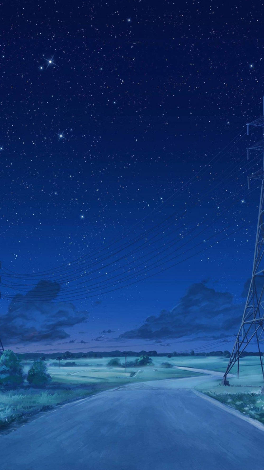 藍色美學 桌布 壁紙 — 一條寧靜的鄉村道路在廣闊的星空下延伸，右側有電線和一座塔。