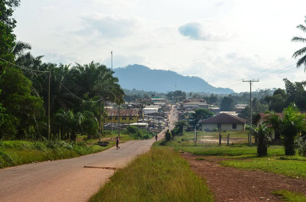 Liberia 桌布 壁紙 — 一條寧靜的鄉村道路蜿蜒穿過一個熱帶村莊，村莊裡有棕櫚樹和遠處的山脈，天空多雲。