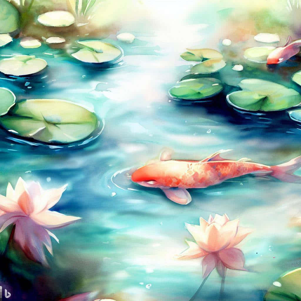 Koi Fish 桌布 壁紙 — 一條寧靜的錦鯉在陽光普照的池塘中滑行，池塘點綴著睡蓮葉和盛開的粉紅色睡蓮。