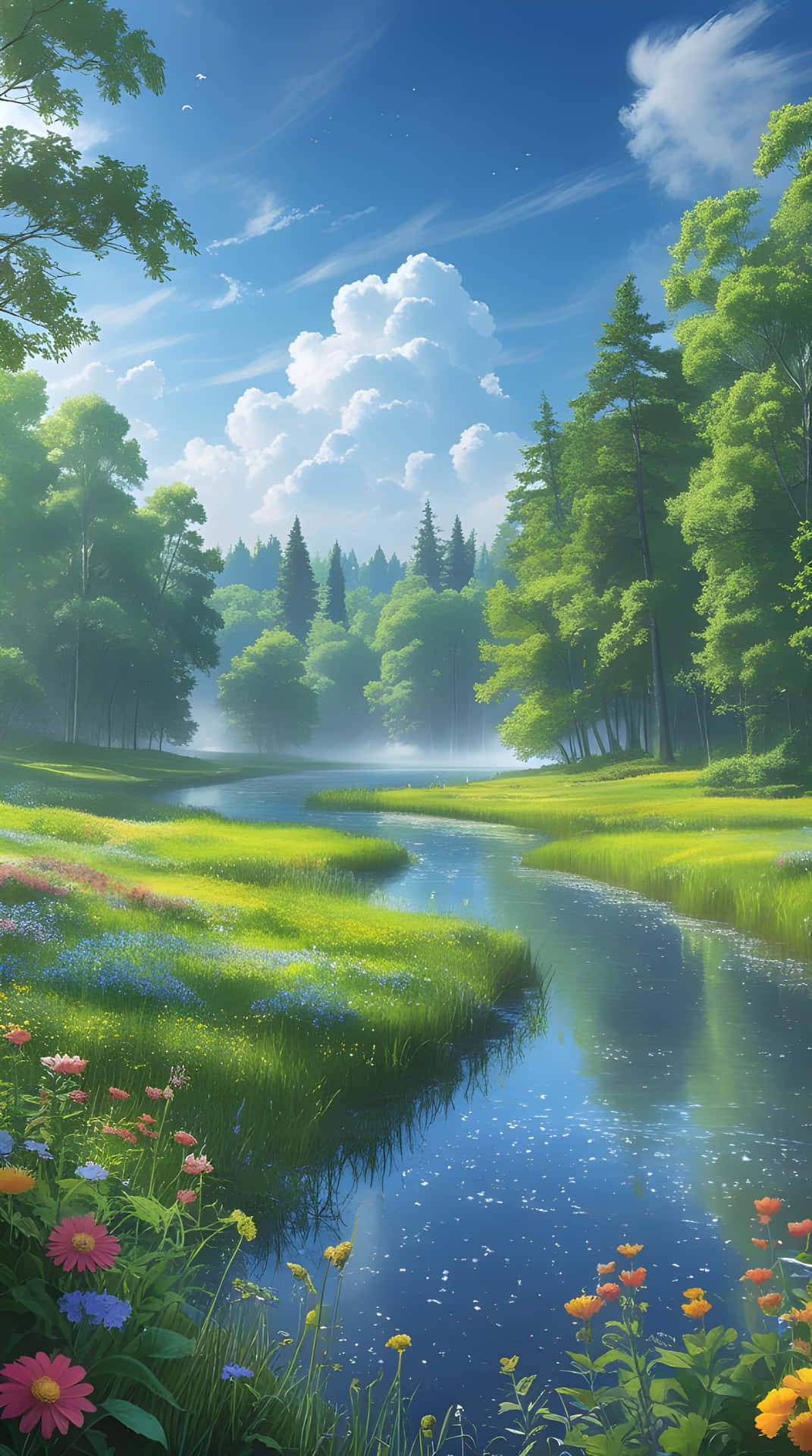 Beautiful nature and lake view wallpaper 壁紙 — 一條寧靜蜿蜒的河流流經一片翠綠的草地，草地上點綴著色彩繽紛的野花，上方是明亮的藍天和蓬鬆的白雲。