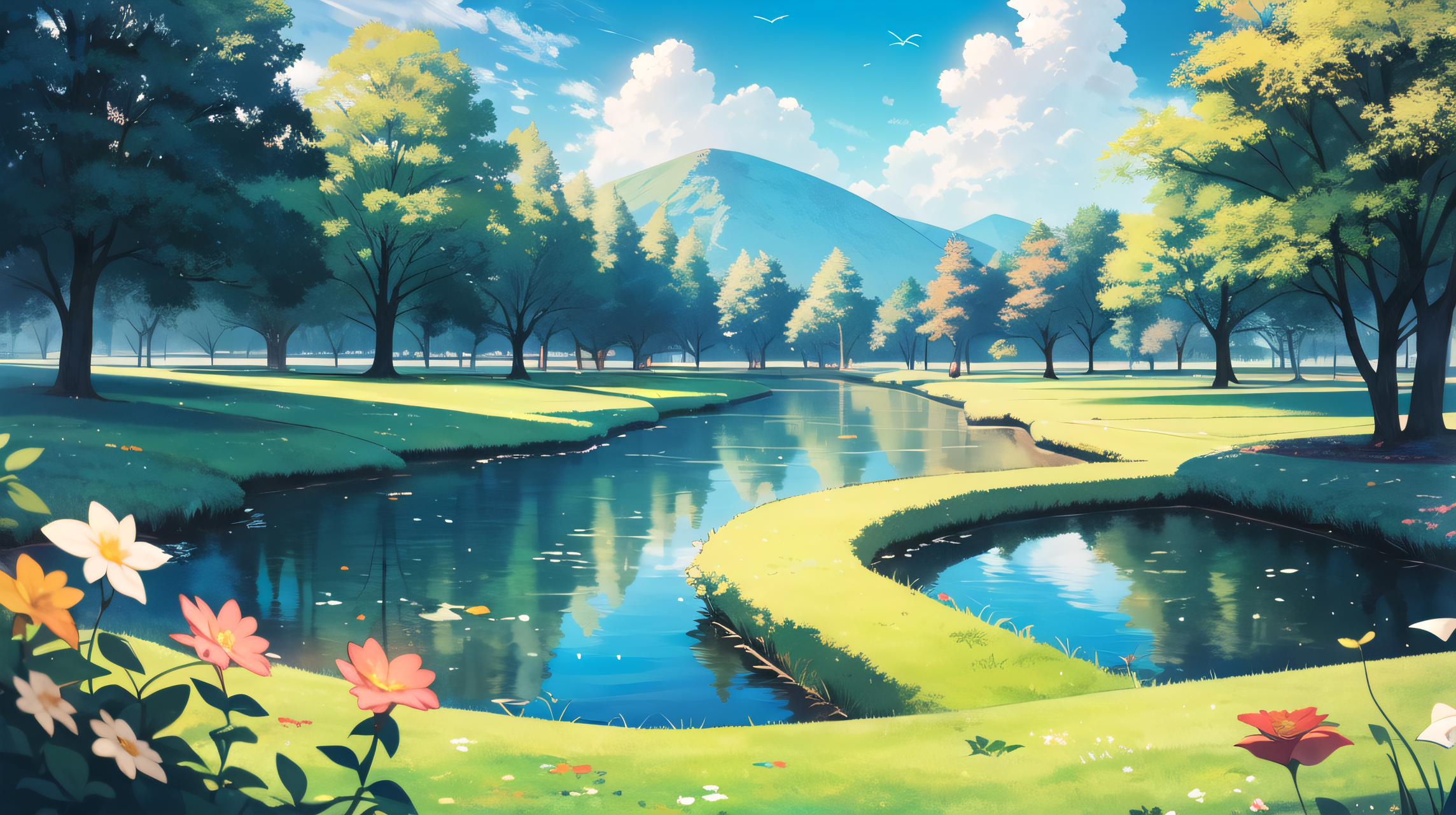 Lake 桌布 壁紙 — 一條寧靜蜿蜒的河流流經鬱鬱蔥蔥的綠色山谷，兩旁是高聳的樹木和充滿活力的野花，頭頂是明亮的藍天和蓬鬆的白雲。