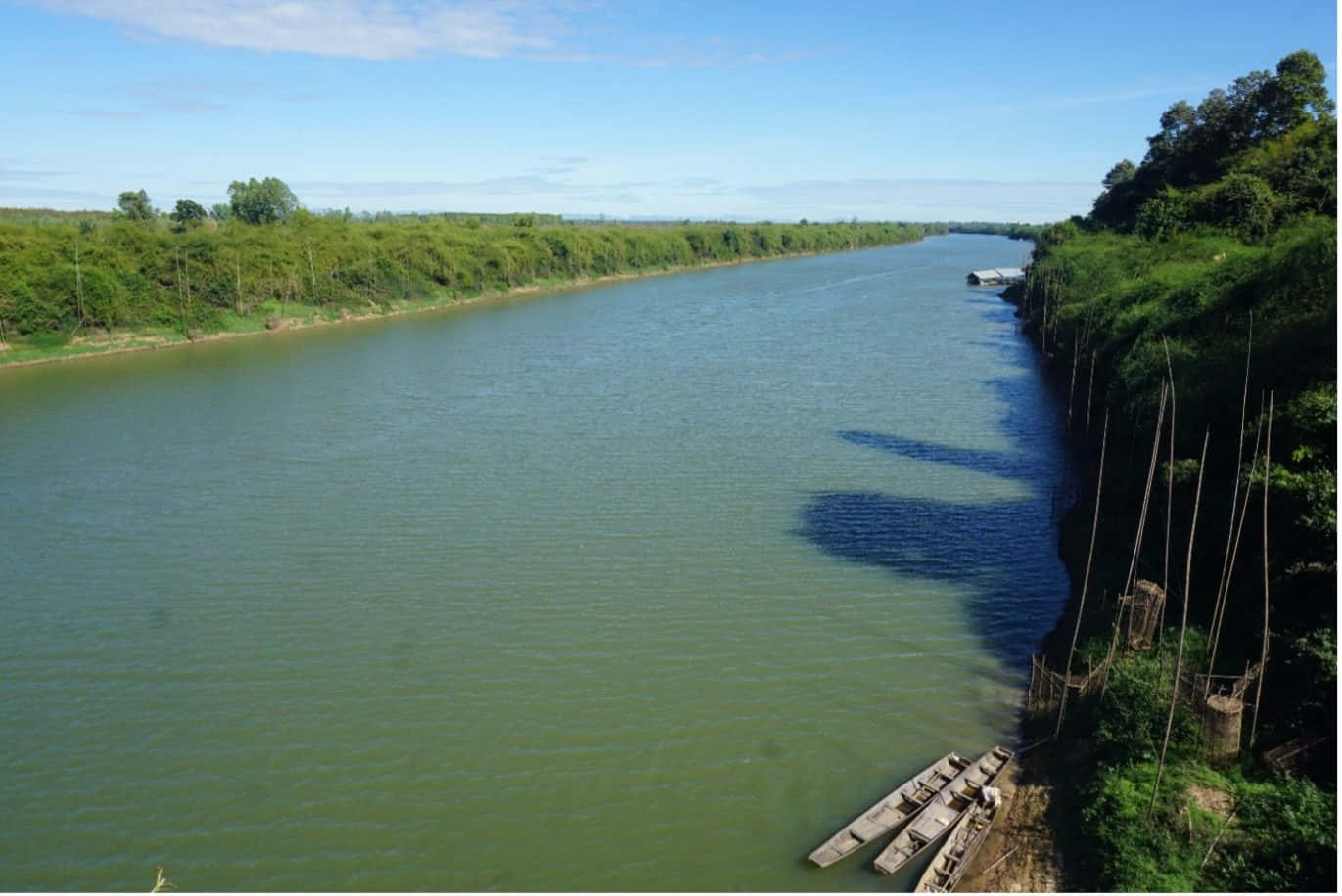 river 桌布 壁紙 — 一條寬闊的綠色河流在茂密的森林河岸之間平靜地流淌，上方是明亮的藍天，點綴著幾朵白雲。