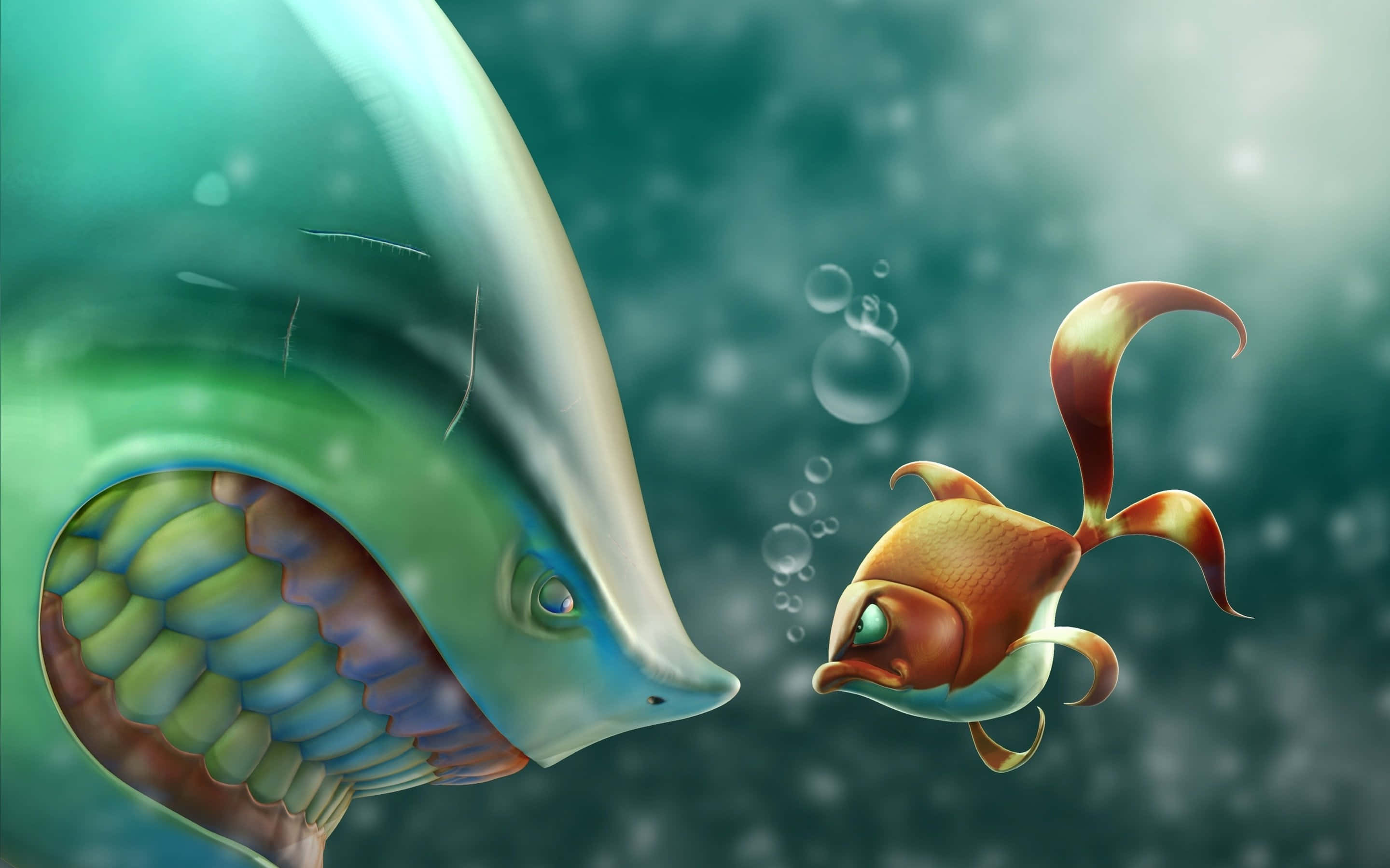 Cute Animations 桌布 壁紙 — 一條小橙色魚在有浮泡的迷霧藍綠色海洋中面對一條巨大半透明鯨魚。