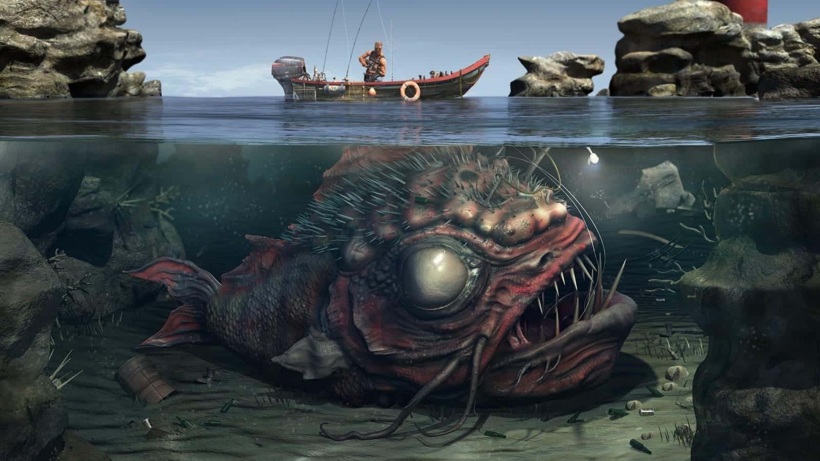 Scary Underwater 桌布 壁紙 — 一條巨大怪魚，眼睛發光，牙齒鋒利，潛伏在水底岩石附近，而船上的一名漁夫正在上方拋線。