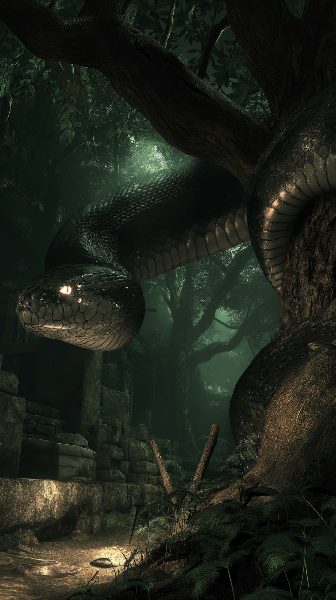 Ancient Serpent Coiled Amidst Ruined Temple and Jungle 壁紙 — 一條巨大的深綠色蛇纏繞在霧氣瀰漫的叢林中的古老石頭廢墟上，眼睛發光。