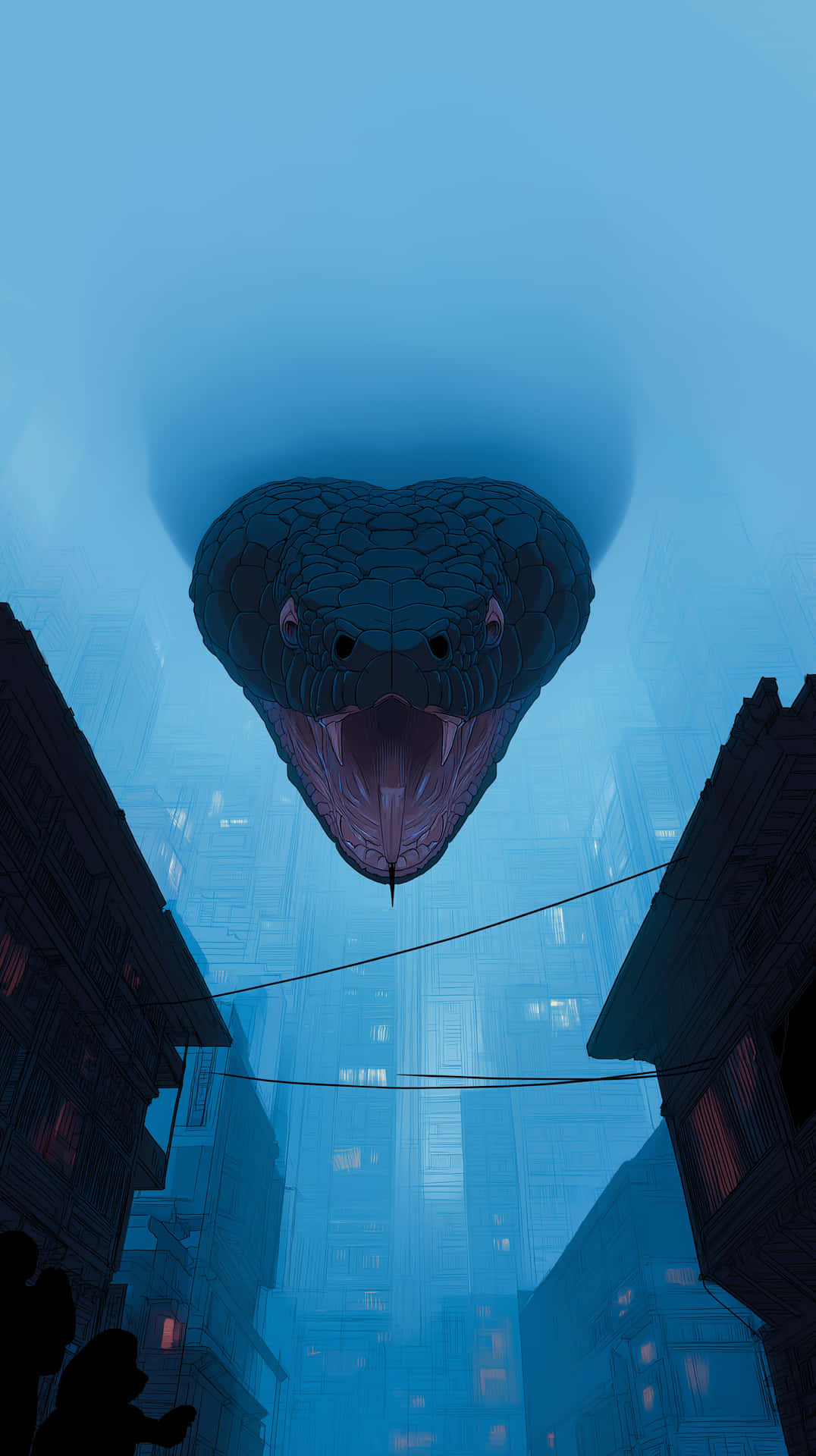A giant black snake with fangs and sharp teeth is hovering over a city 壁紙 — 一條巨大的深藍色蛇在霧氣瀰漫的藍色城市景觀中若隱若現，建築物輪廓分明，窗戶閃爍著光芒。