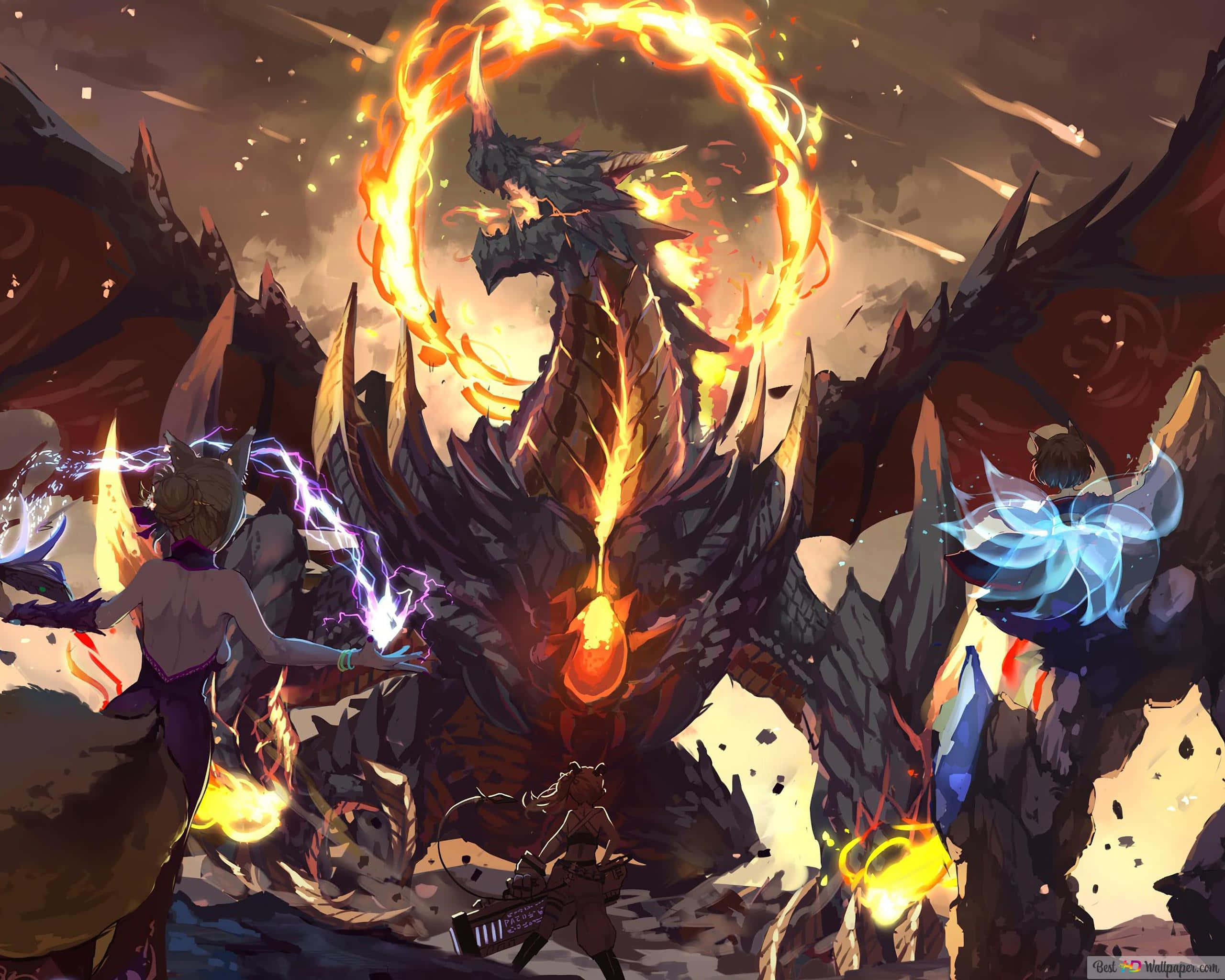 Anime Fire 桌布 壁紙 — 一條巨大的火焰巨龍帶著發光的橙色環圈主宰著岩石戰場，三名戰士釋放元素魔法對抗牠。