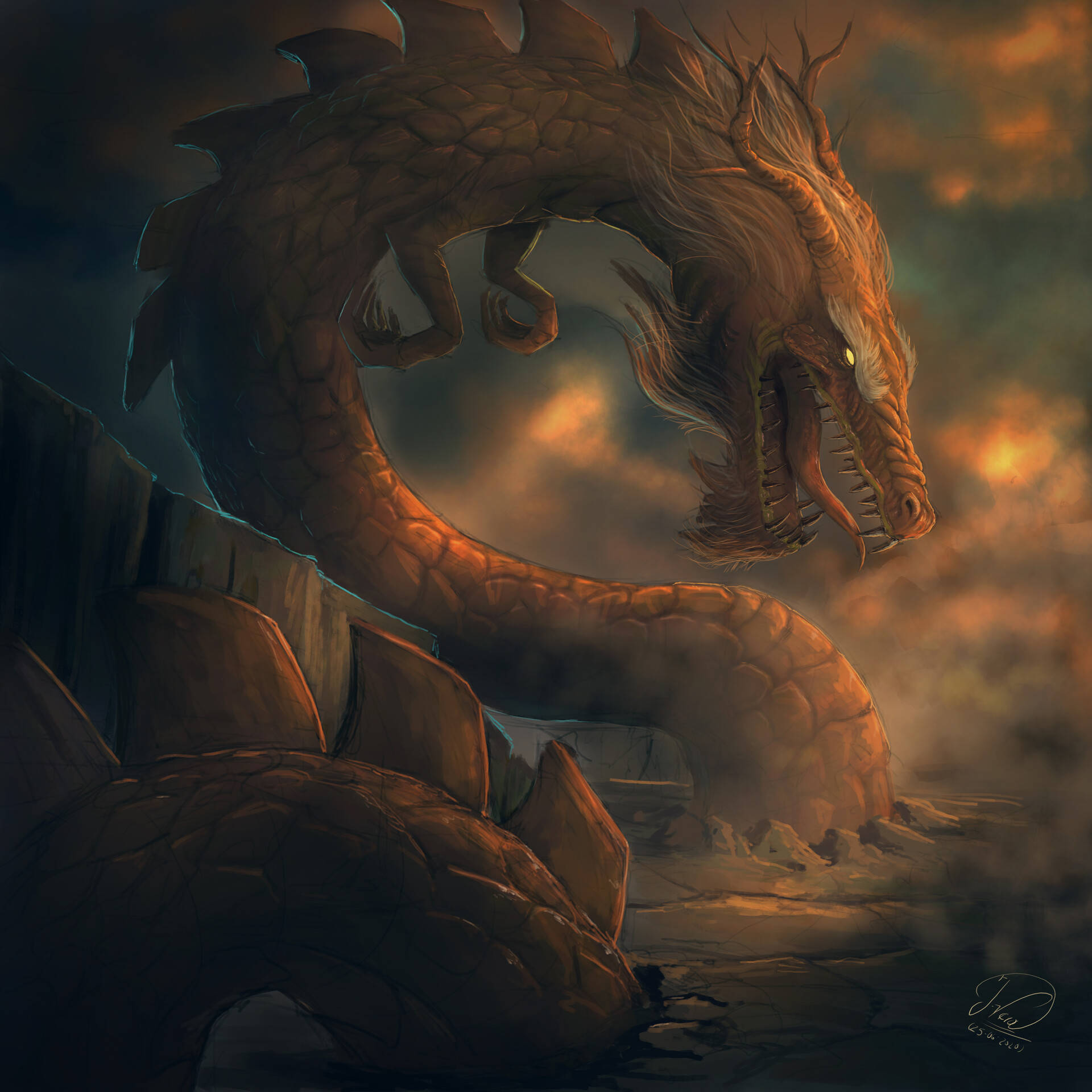 Earth Dragon 桌布 壁紙 — 一條巨大的火龍盤踞在崎嶇的懸崖上，背景是暴風雨般的日落天空，眼睛閃閃發光。