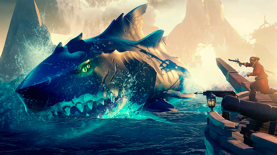 Megalodon 桌布 壁紙 — 一條巨大的發光鯊魚從波濤洶湧的海水中躍出，撲向一艘船，船上的一名水手正用手槍瞄準。