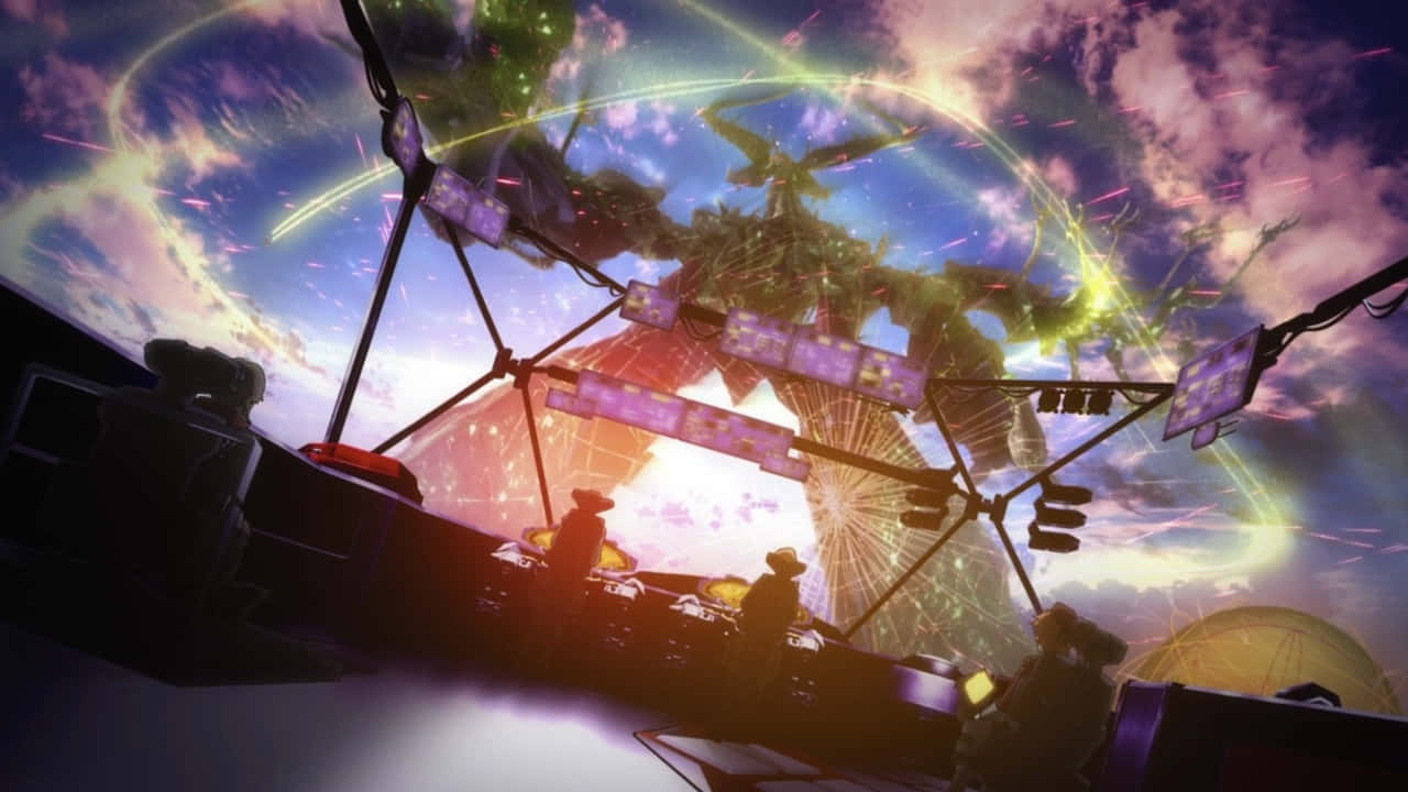 Spaceship 桌布 壁紙 — 一條巨大的發光龍在未來主義的城市景觀上空翱翔，剪影人物在充滿活力的日落天空下操作發光的控制面板。