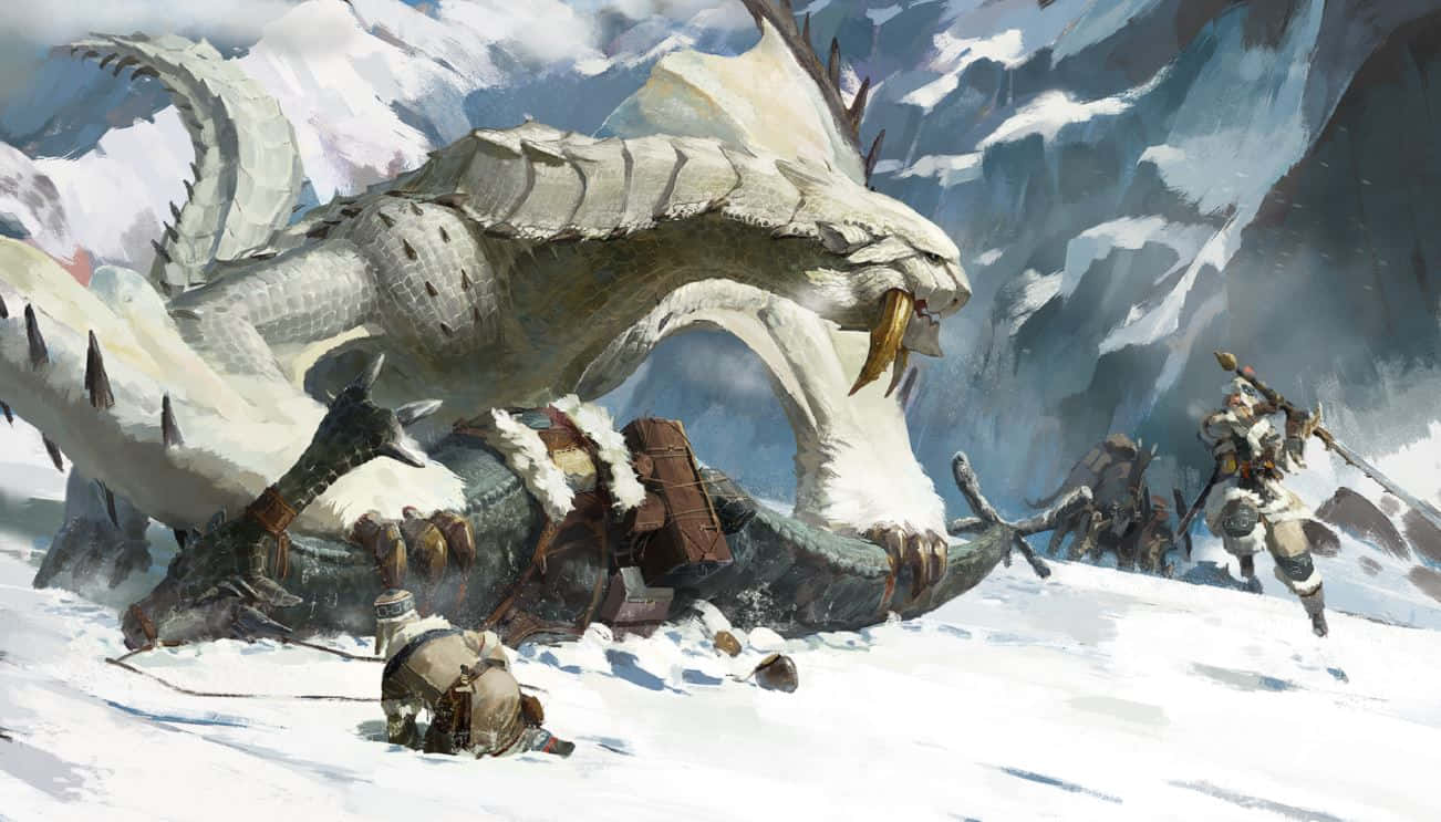Monster Hunter Monsters 桌布 壁紙 — 一條巨大的白色巨龍主宰著白雪皚皚的山口，而身穿重型裝備的獵人正用長矛和斧頭與之搏鬥。