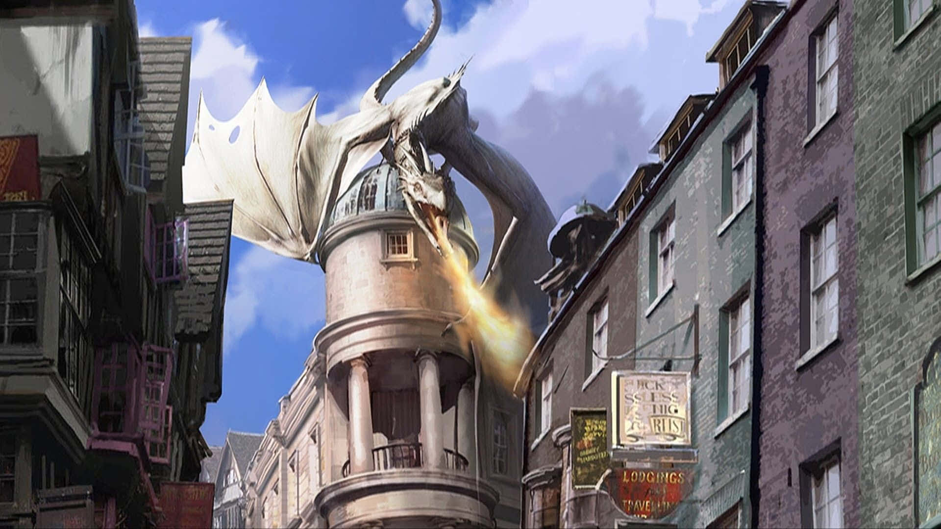 Hogsmeade 桌布 壁紙 — 一條巨大的白龍在狹窄的歐式街道上，於圓頂塔樓頂部噴火，街道兩旁盡是舊建築。