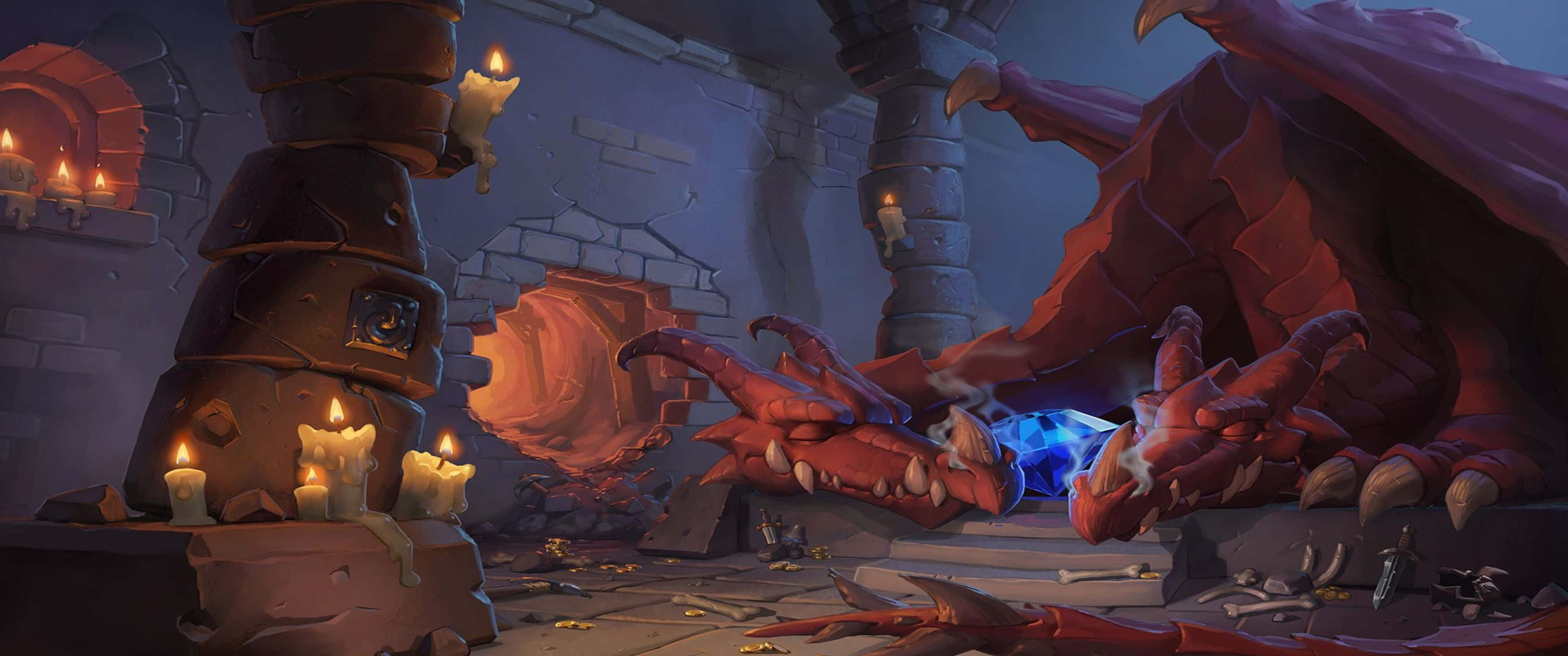 3440x1440p Hearthstone 桌布 壁紙 — 一條巨大的紅龍在燭光石造地牢中被擊敗，胸口散發出藍色發光能量。