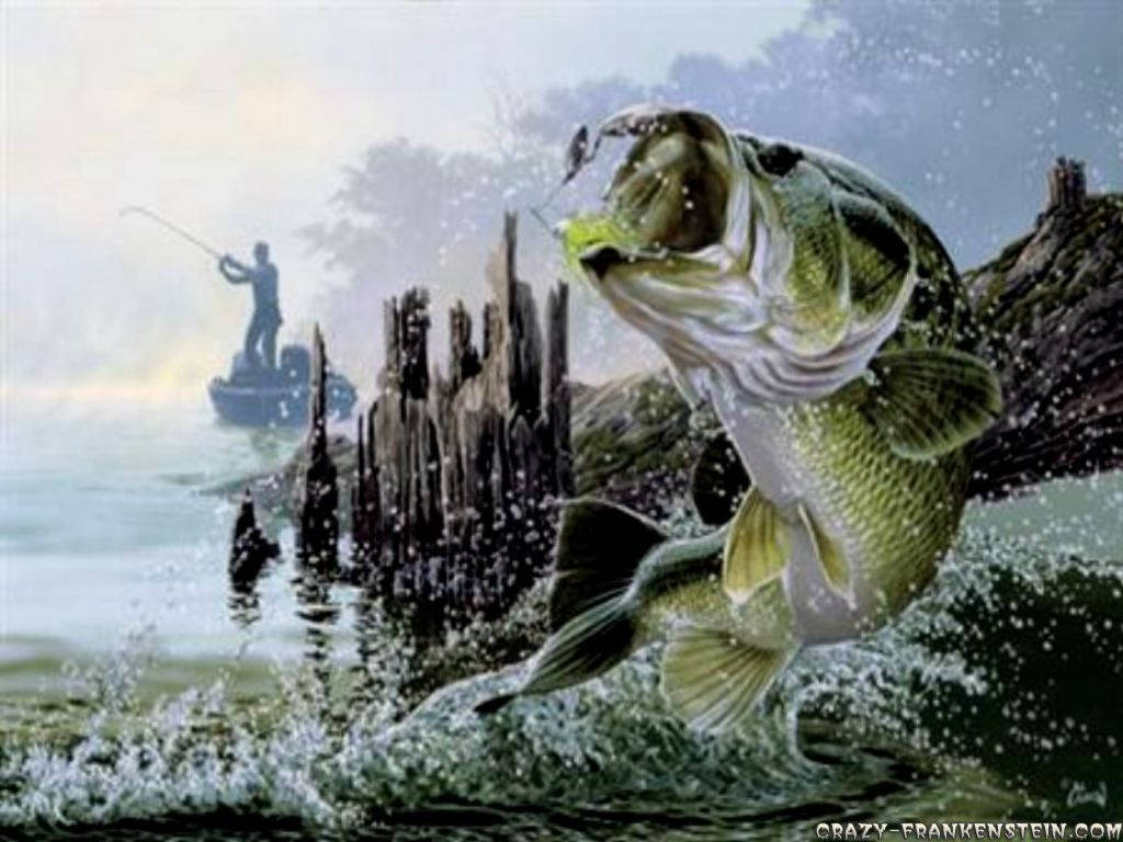 釣魚 桌布 壁紙 — 一條巨大的綠色鱸魚從渾濁的水中躍起，靠近腐朽的樁柱，而漁夫在霧濛濛的背景中從船上收線。