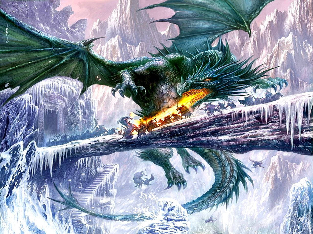 Cool Dragon 桌布 壁紙 — 一條巨大的綠色龍在冰凍的橋上噴火，下方的小戰士們正在抵抗其冰冷的山間巢穴。