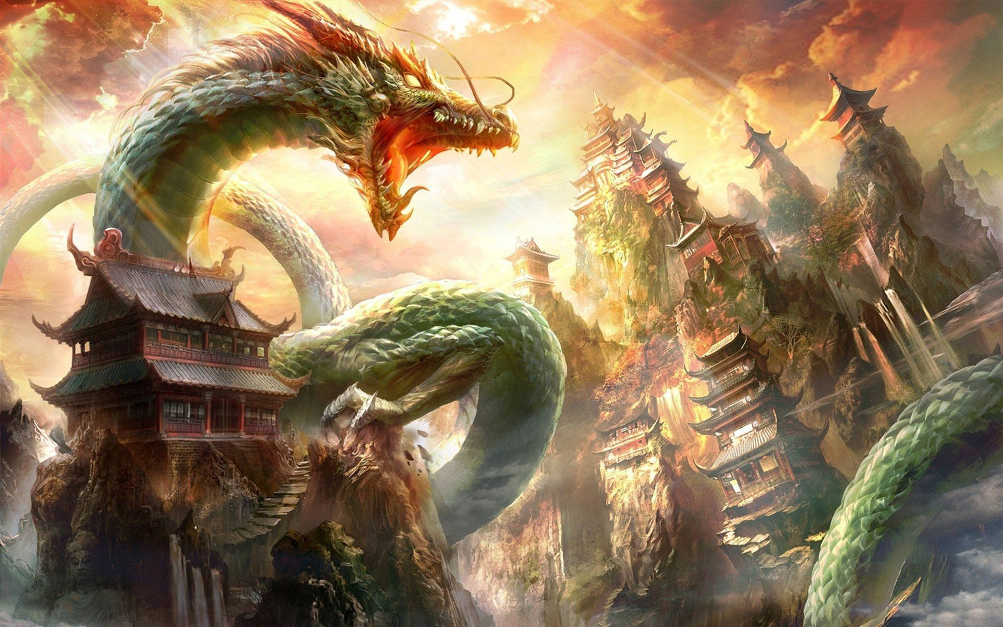 Eastern 桌布 壁紙 — 一條巨大的綠色龍盤繞在古老亞洲寺廟周圍，這些寺廟坐落在山頂上，背景是火紅的日落天空。