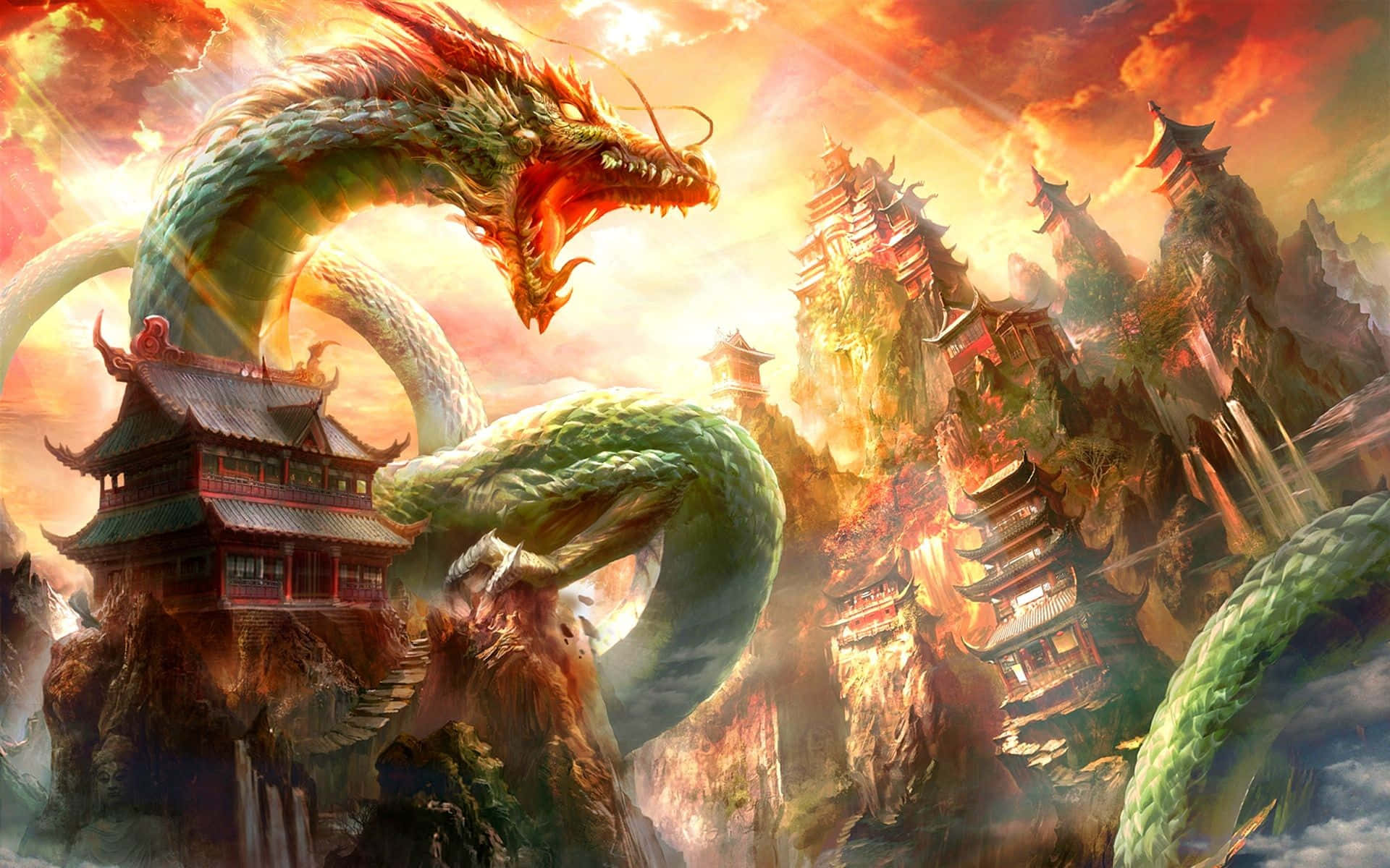 Epic Dragon 桌布 壁紙 — 一條巨大的綠色龍盤繞在懸崖上的古老亞洲寺廟周圍，天空燃燒著夕陽。