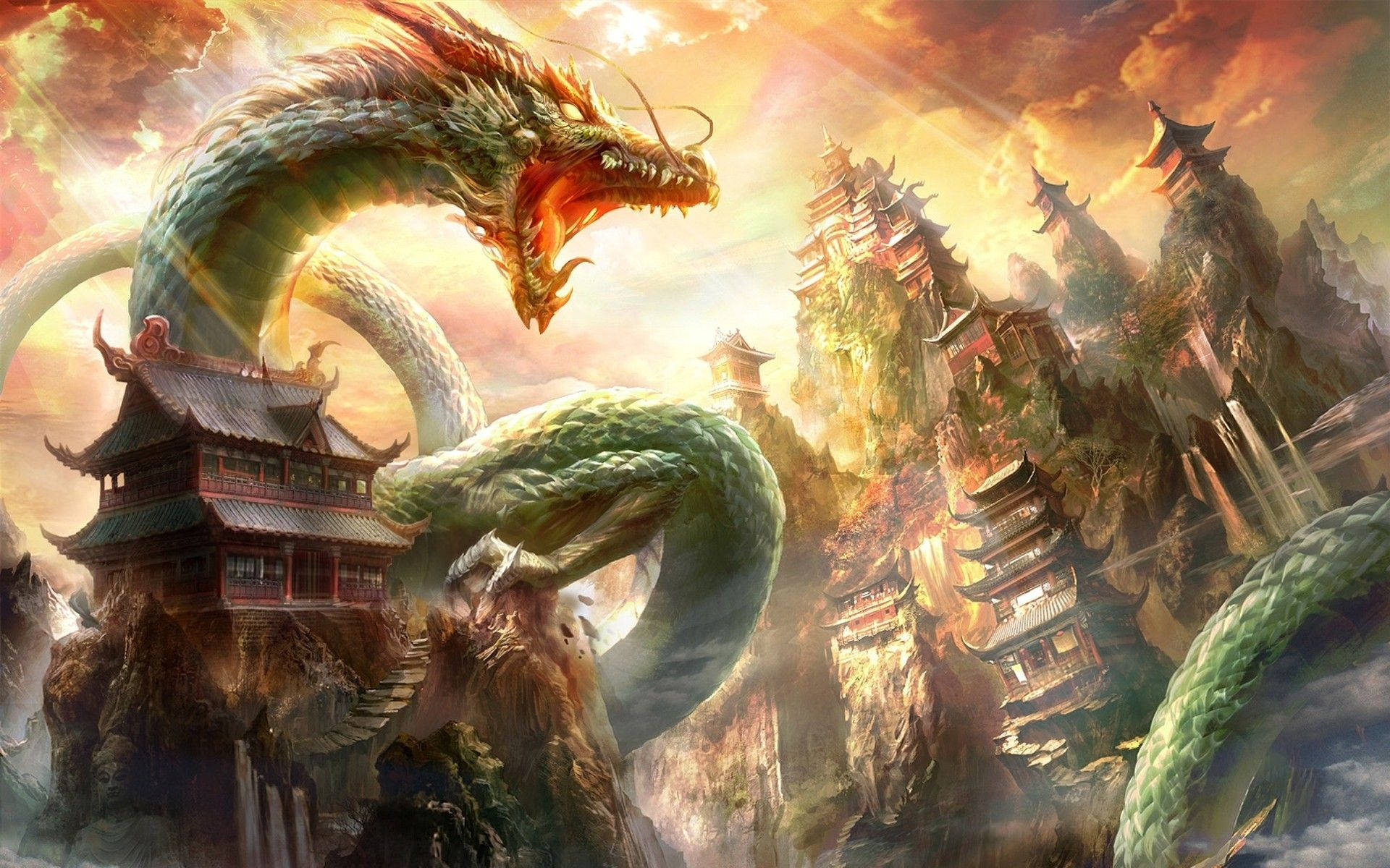 日式龍 桌布 壁紙 — 一條巨大的綠色龍盤繞在霧氣籠罩的懸崖上的古老亞洲寺廟周圍，天空燃燒著夕陽。
