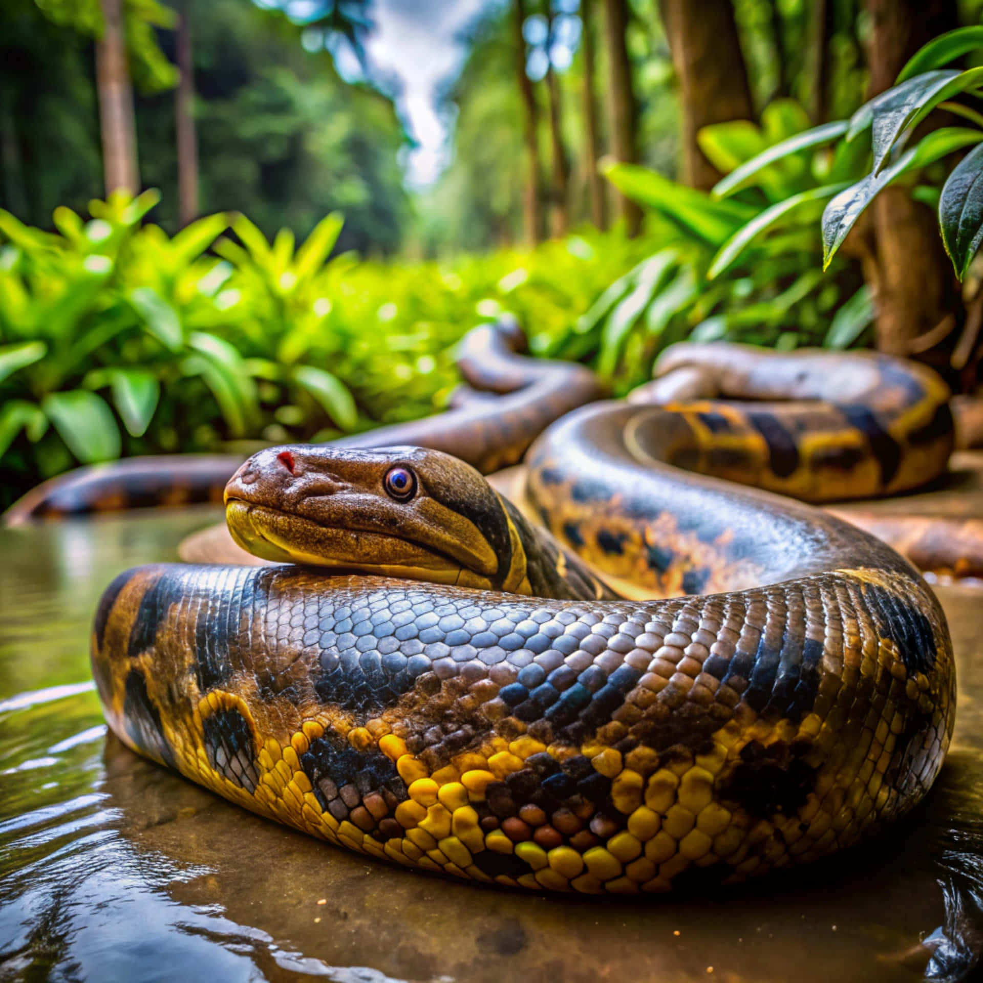 Anaconda in a forest 壁紙 — 一條巨大的蟒蛇，帶有黃色和黑色的鱗片，在淺水中盤繞，周圍是茂密的綠色叢林葉子。