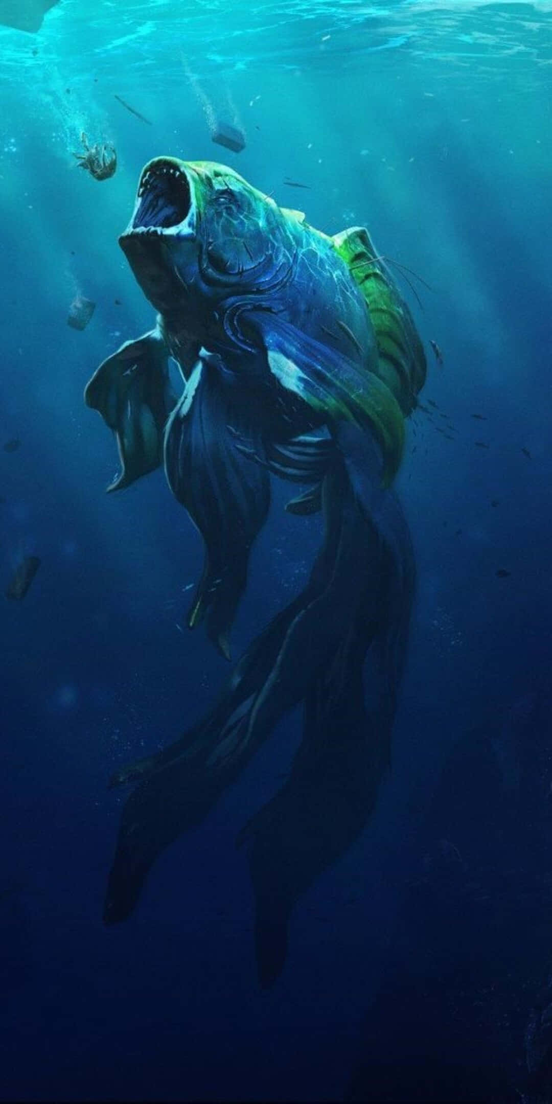 Pixel 3 Fish 桌布 壁紙 — 一條巨大的裝甲魚，帶有發光的綠色鱗片，在深藍色的水下場景中張開大嘴衝破海面。