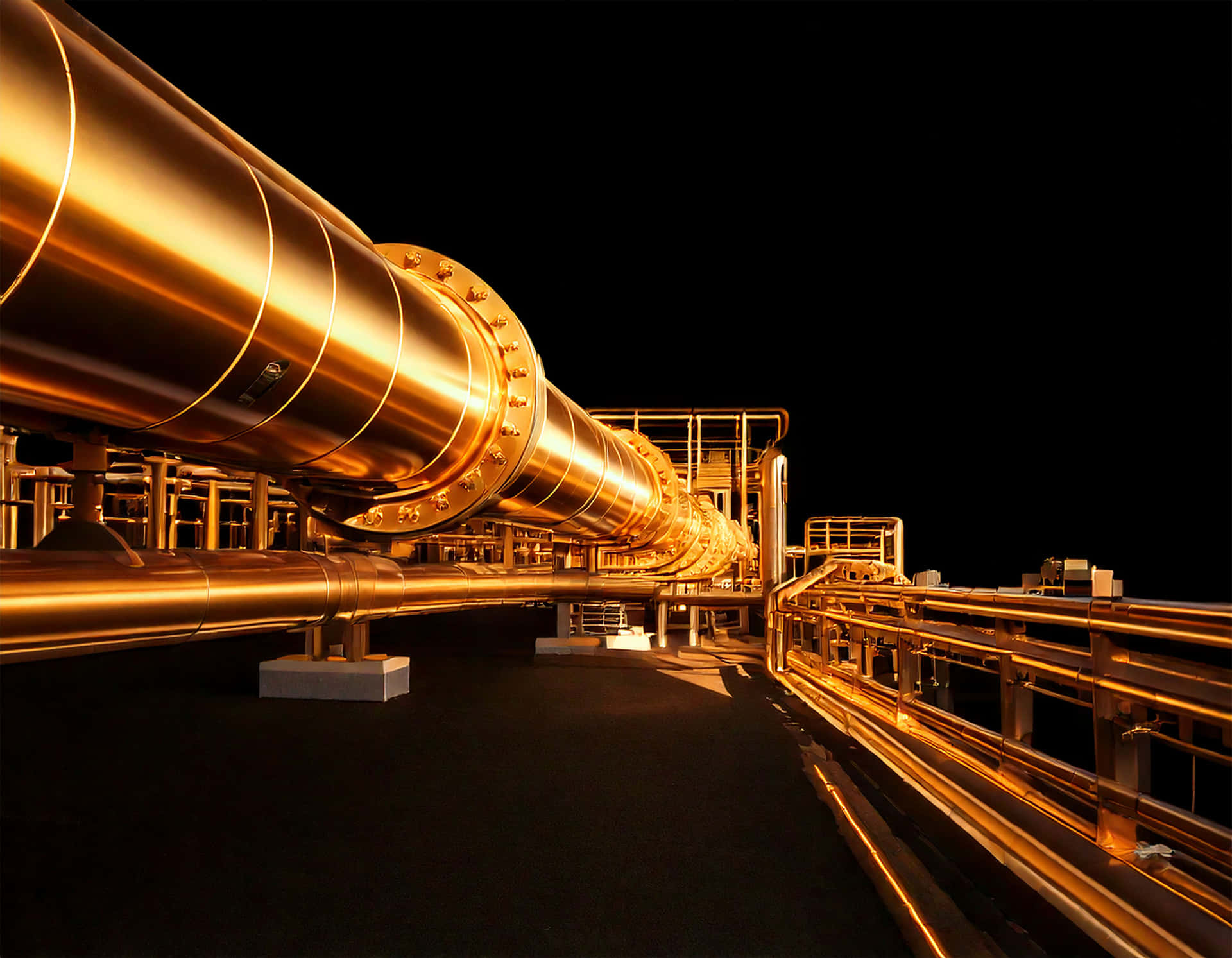 Oil Pipeline 壁紙 — 一條巨大的金色工業管道在戲劇性的燈光下，伴隨著金屬欄杆延伸至黑暗之中。