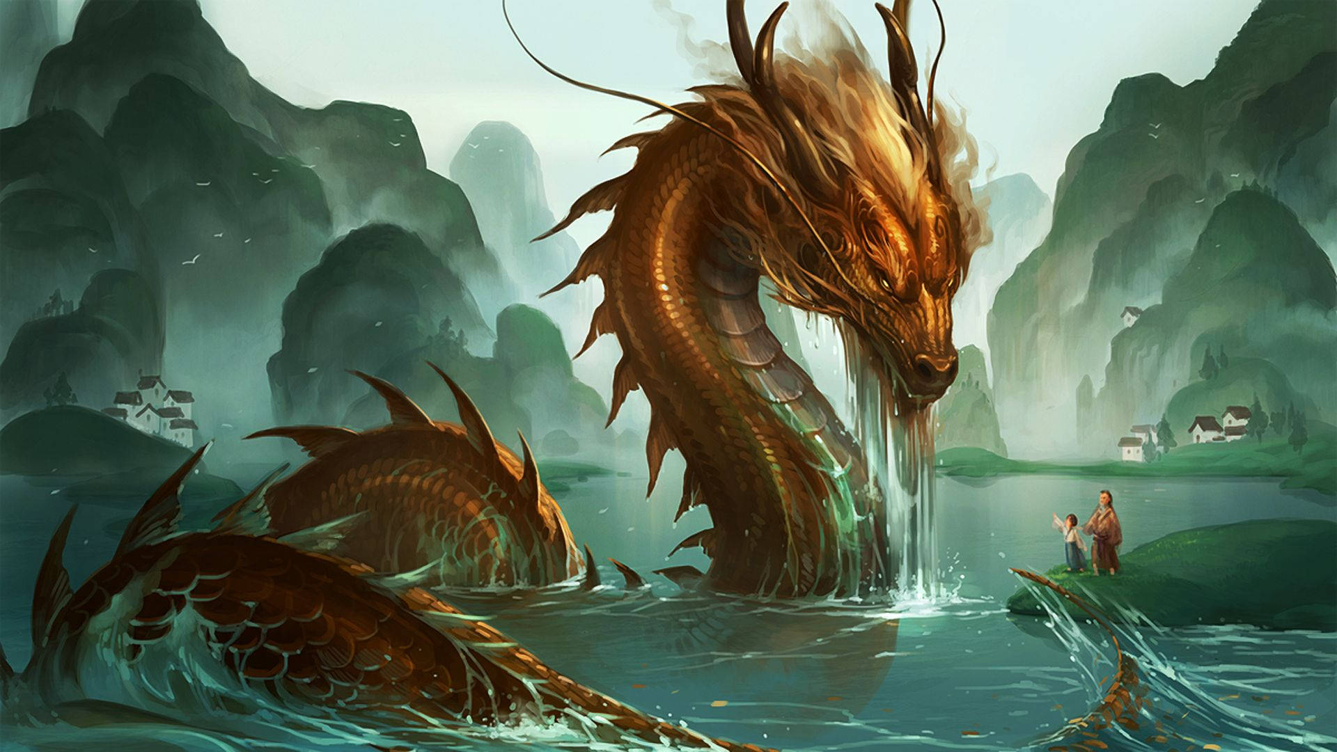 龍 桌布 壁紙 — 一條巨大的金色龍從霧氣瀰漫的水邊村莊旁出現，其頭部高聳於河岸上的兩個小人類之上。