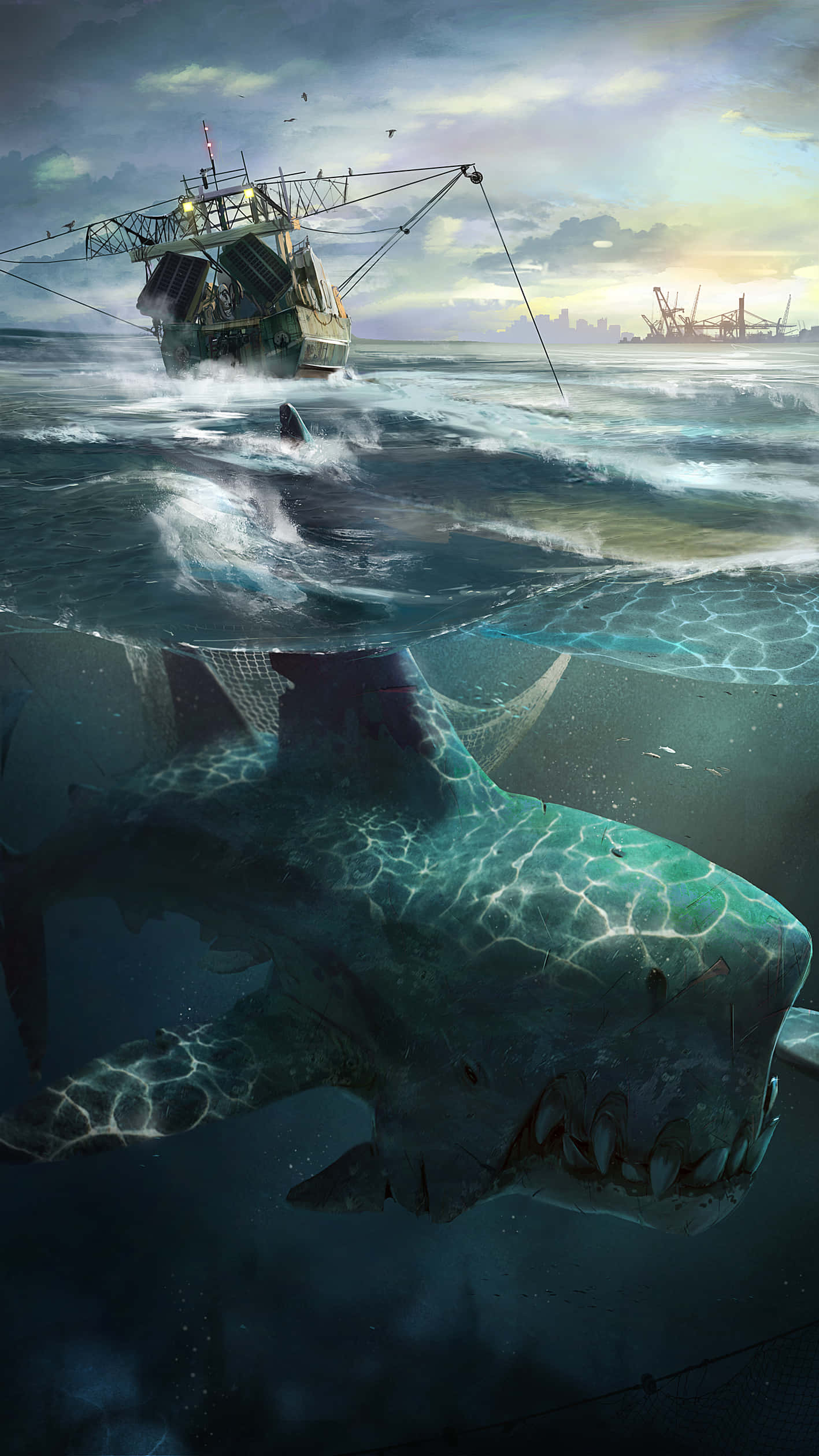 Scary Underwater 桌布 壁紙 — 一條巨大的鯊魚在暴風雨黃昏的天空下，衝破波濤洶湧的海水，靠近一艘正在下沉的漁船。