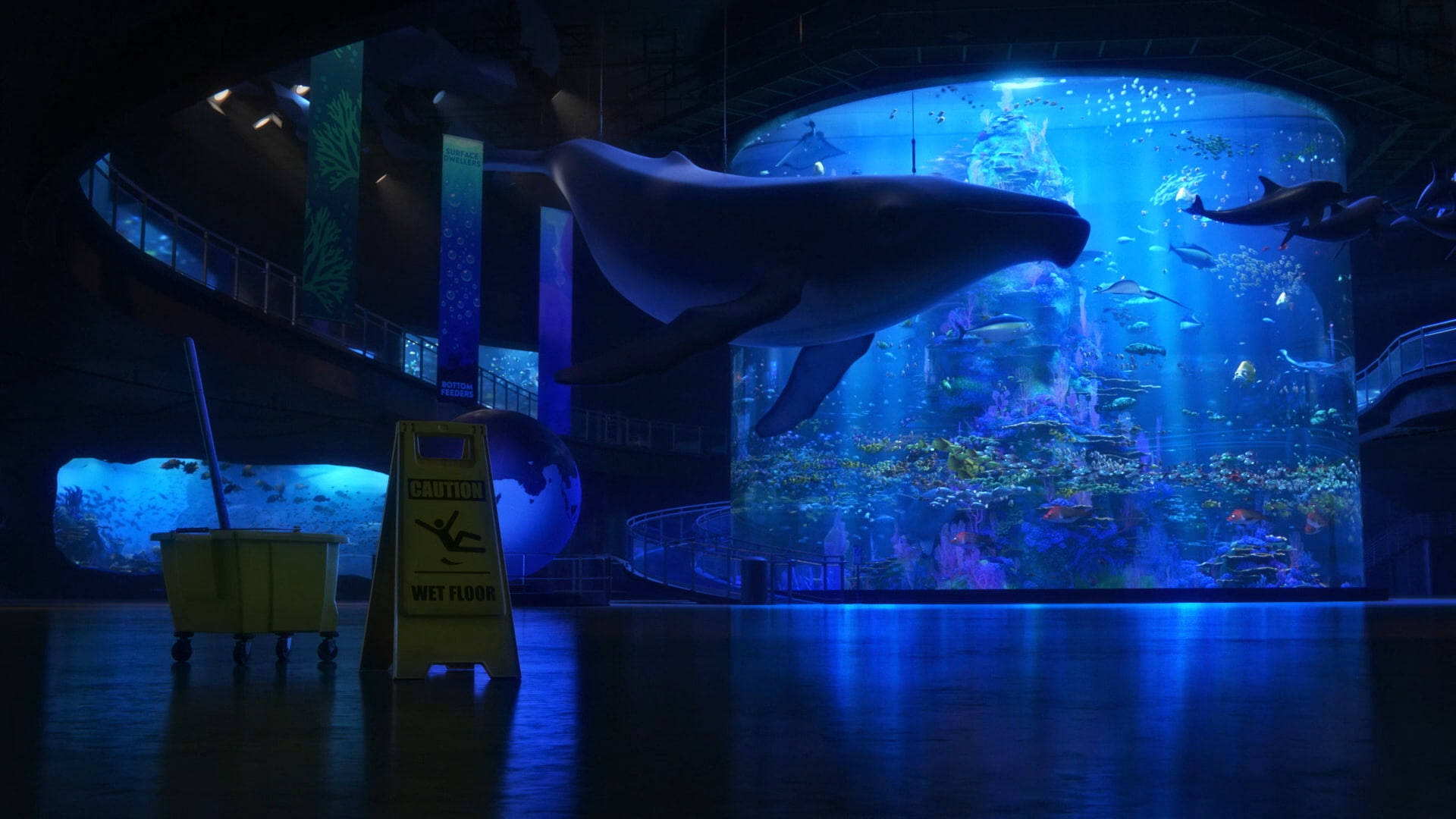 Aquarium 桌布 壁紙 — 一條巨大的鯨魚在發光的藍色水族館中滑行，而昏暗的展覽中有一個警告標誌提醒地板濕滑。