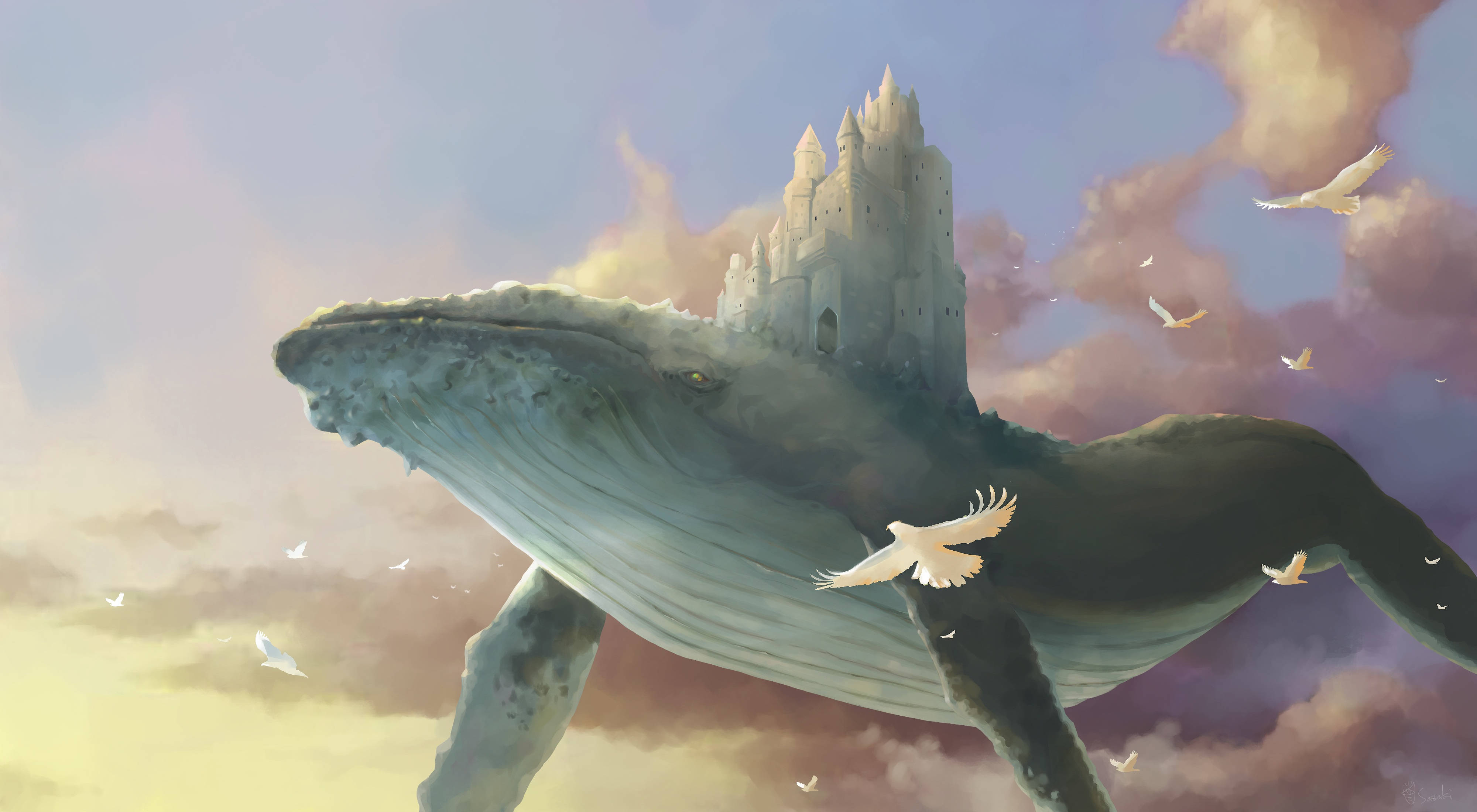 鯨魚 桌布 壁紙 — 一條巨大的鯨魚在粉彩色的天空中翱翔，背上有一座城堡，周圍有鳥兒飛翔。