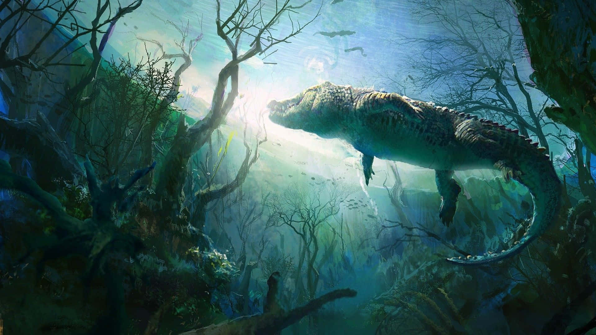 Alligator 桌布 壁紙 — 一條巨大的鱷魚在扭曲的樹木下，穿過陰暗的叢林水域滑行，陽光穿透水面。