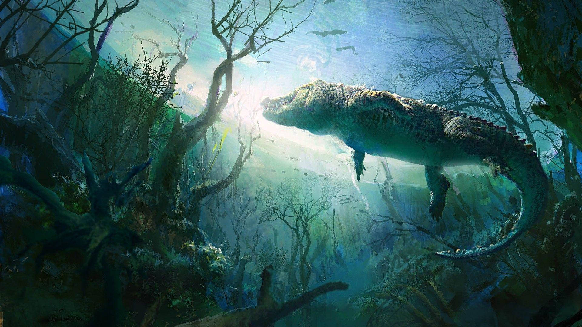 Alligator 桌布 壁紙 — 一條巨大的鱷魚在陽光照耀、陰森的水下森林中滑行，樹木扭曲，海水發出藍綠色光芒。