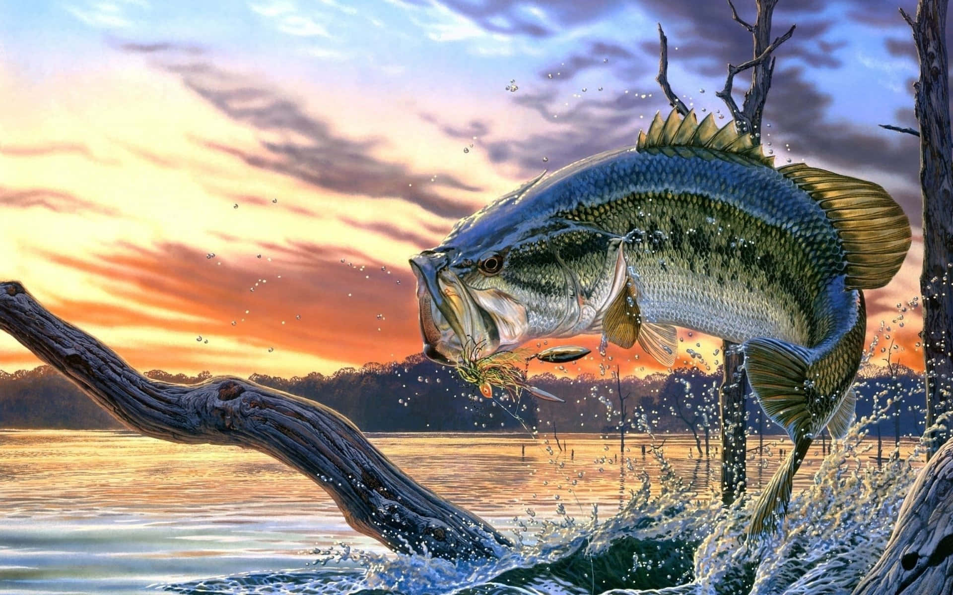 魚 桌布 壁紙 — 一條巨大的鱸魚在日落時從寧靜的湖中躍起，嘴裡叼著魚餌，水花四濺，映襯著火紅的天空。