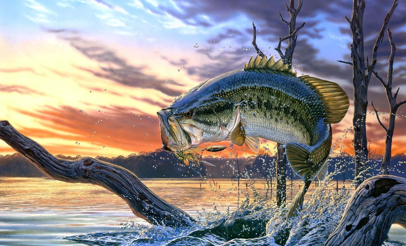 Fish Desktop 桌布 壁紙 — 一條巨大的鱸魚從寧靜的湖中躍起，夕陽下濺起水花，光禿的樹木在火紅的橙色和紫色天空襯托下形成剪影。