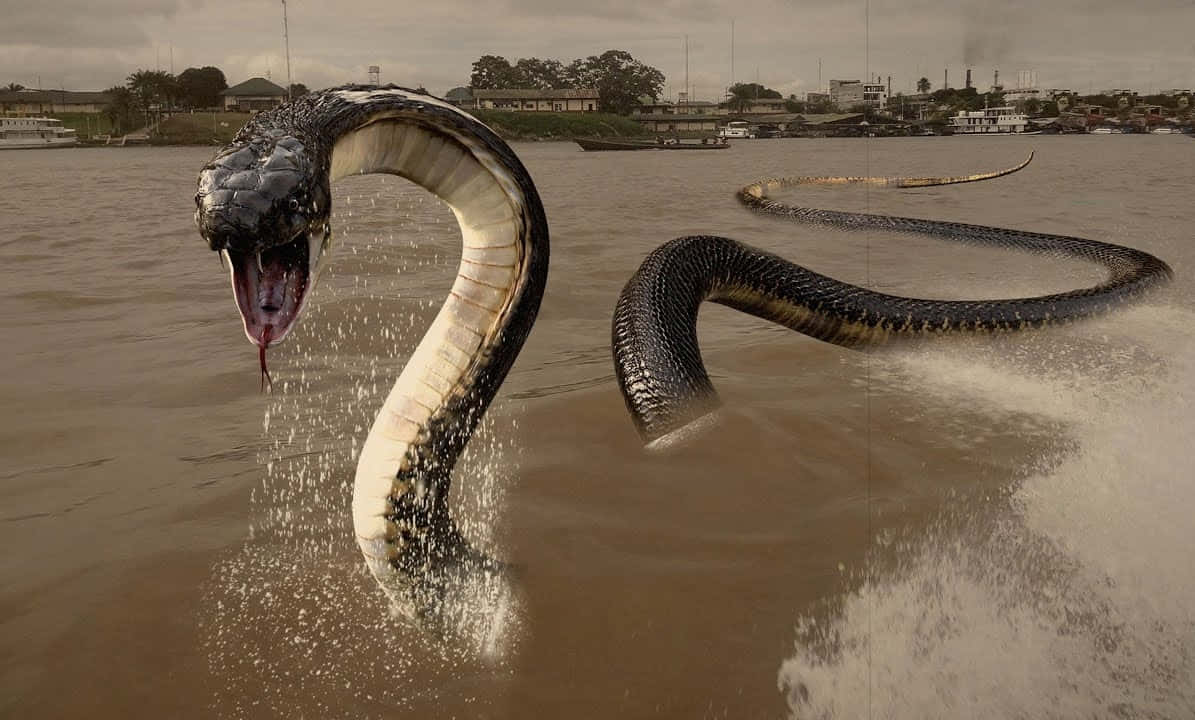 Scary Snake 桌布 壁紙 — 一條巨大的黑白蛇從渾濁的河水中爆出，張開大口，靠近遠處的海岸小鎮。