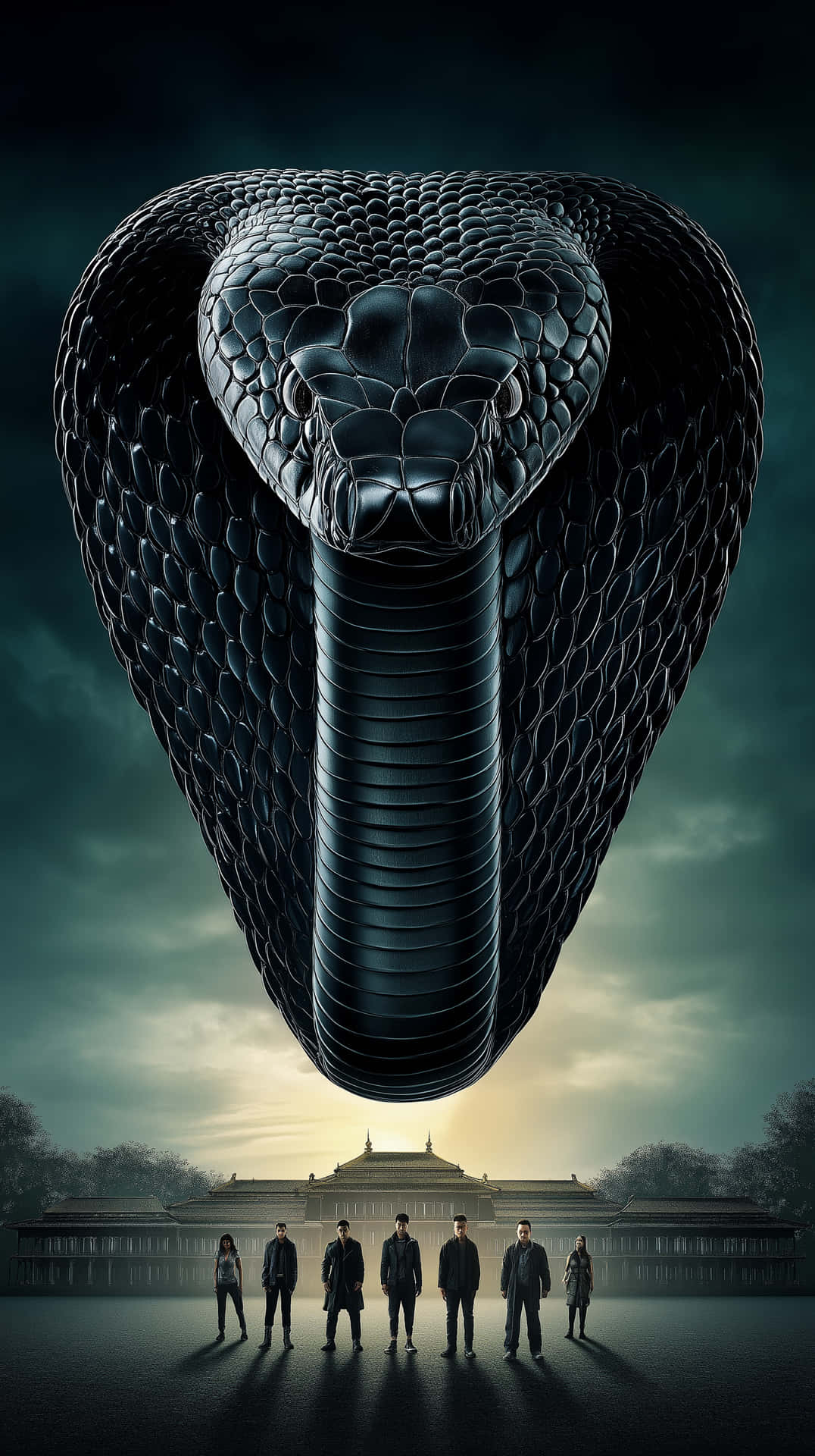 A giant black snake with fangs and sharp teeth is hovering over a city 壁紙 — 一條巨大的黑色眼鏡蛇盤旋在六個剪影人物上方，他們站在宏偉建築前，背景是暴風雨的天空。