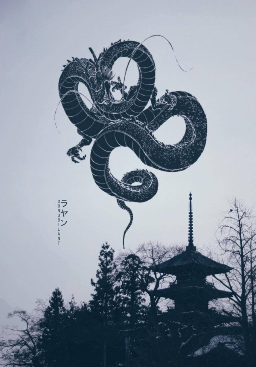 日式龍 桌布 壁紙 — 一條巨大的黑龍盤旋在傳統日本寶塔之上，襯著蒼白的天空。
